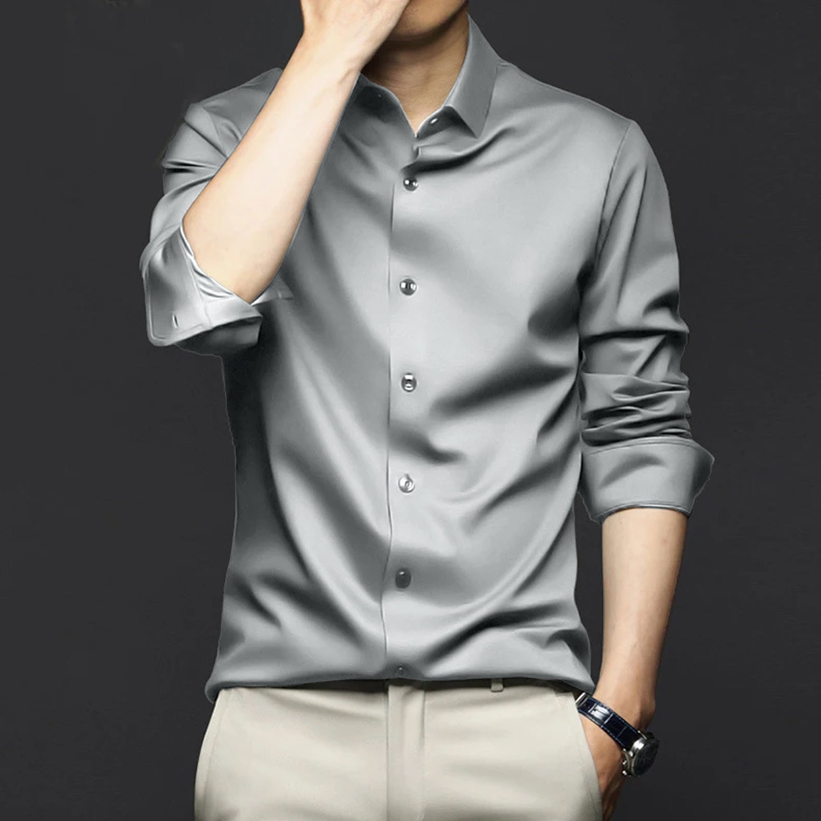Poly Satin formal Shirt For Men-Silver