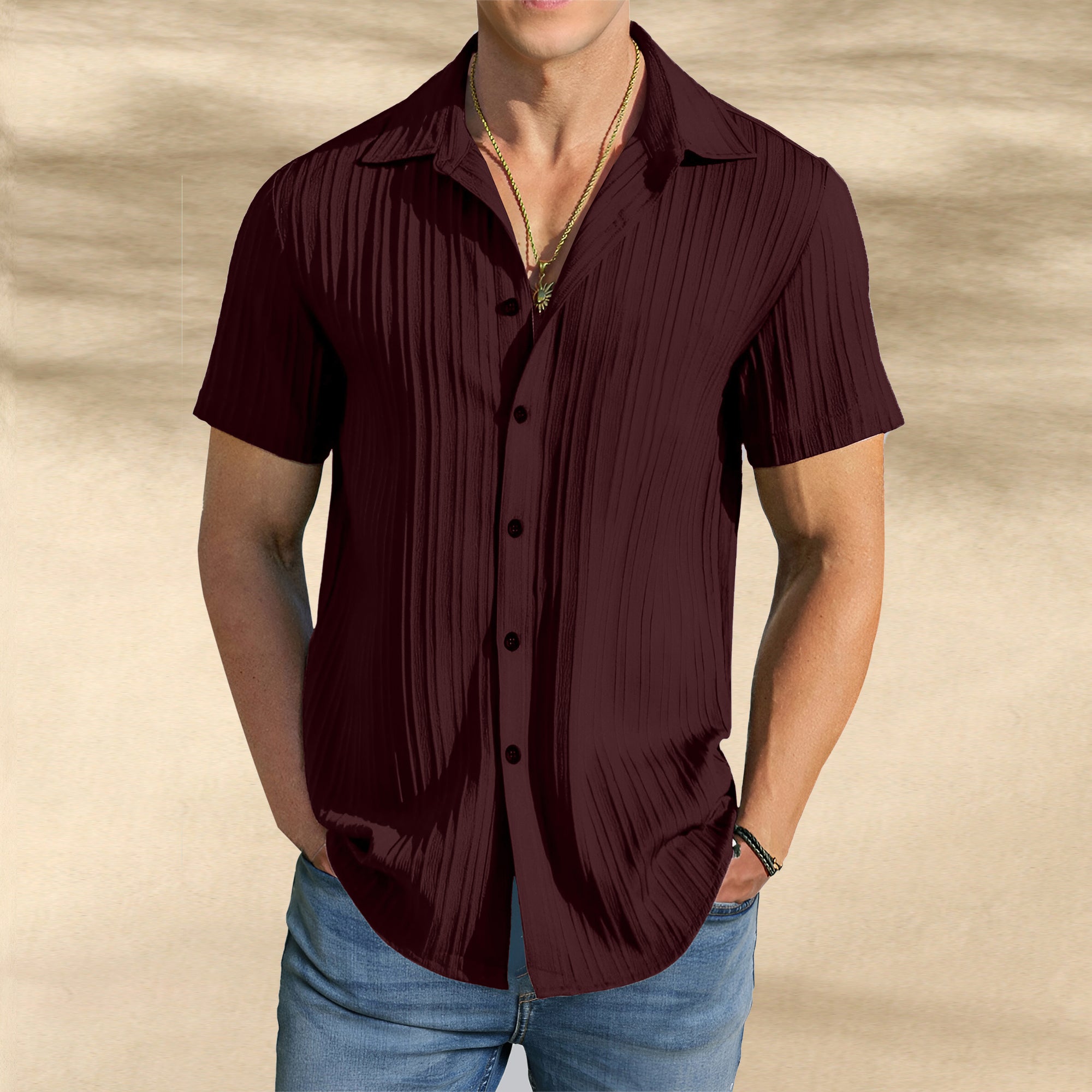 Men’s Textured Popcorn Half Sleeve Casual Shirt – Wine