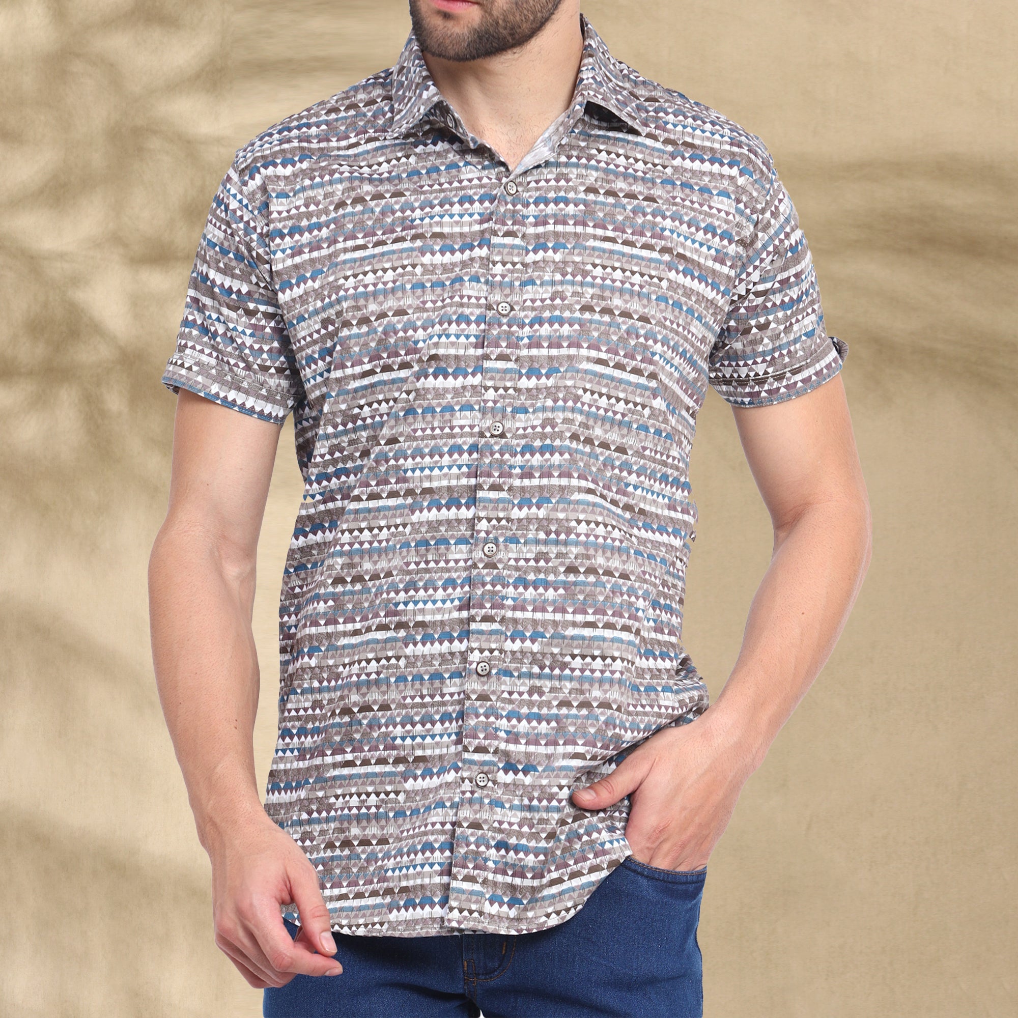 BROWN HALF CASUAL PRINTED COTTON SHIRT REGULAR FIT FOR MEN