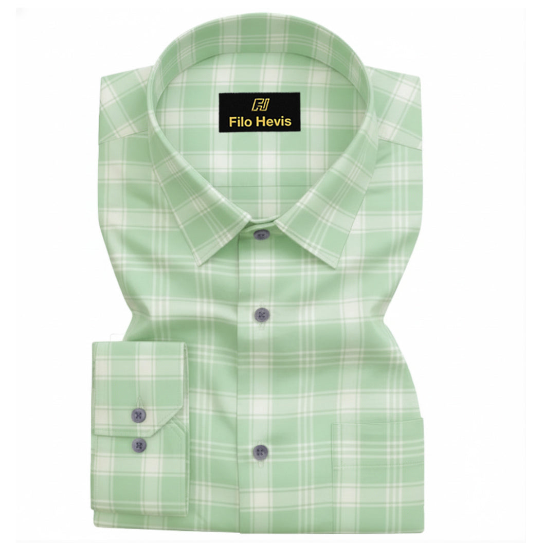 FORMAL COTTON CHECK SHIRTS FOR MEN - Light Green Plaid (Long Sleeve)