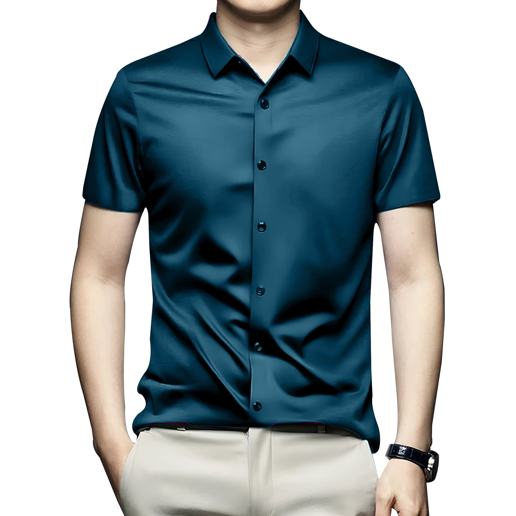 Men’s Satin Half Sleeve Formal Shirt – Premium Soft & Shiny Finish-Teal Blue