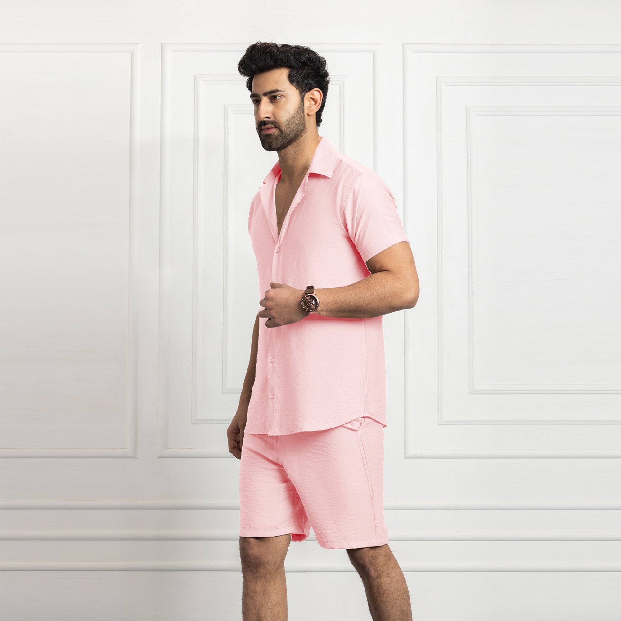 Men's Linen Shirt & Short Co-ords Set- Pink