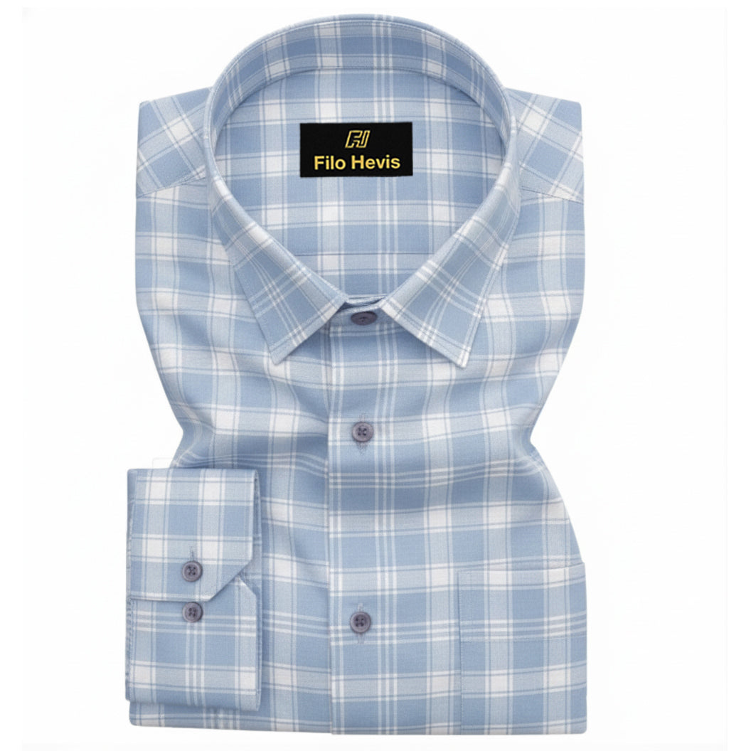 FORMAL COTTON CHECK SHIRTS FOR MEN - Sky Plaid (Long Sleeve)