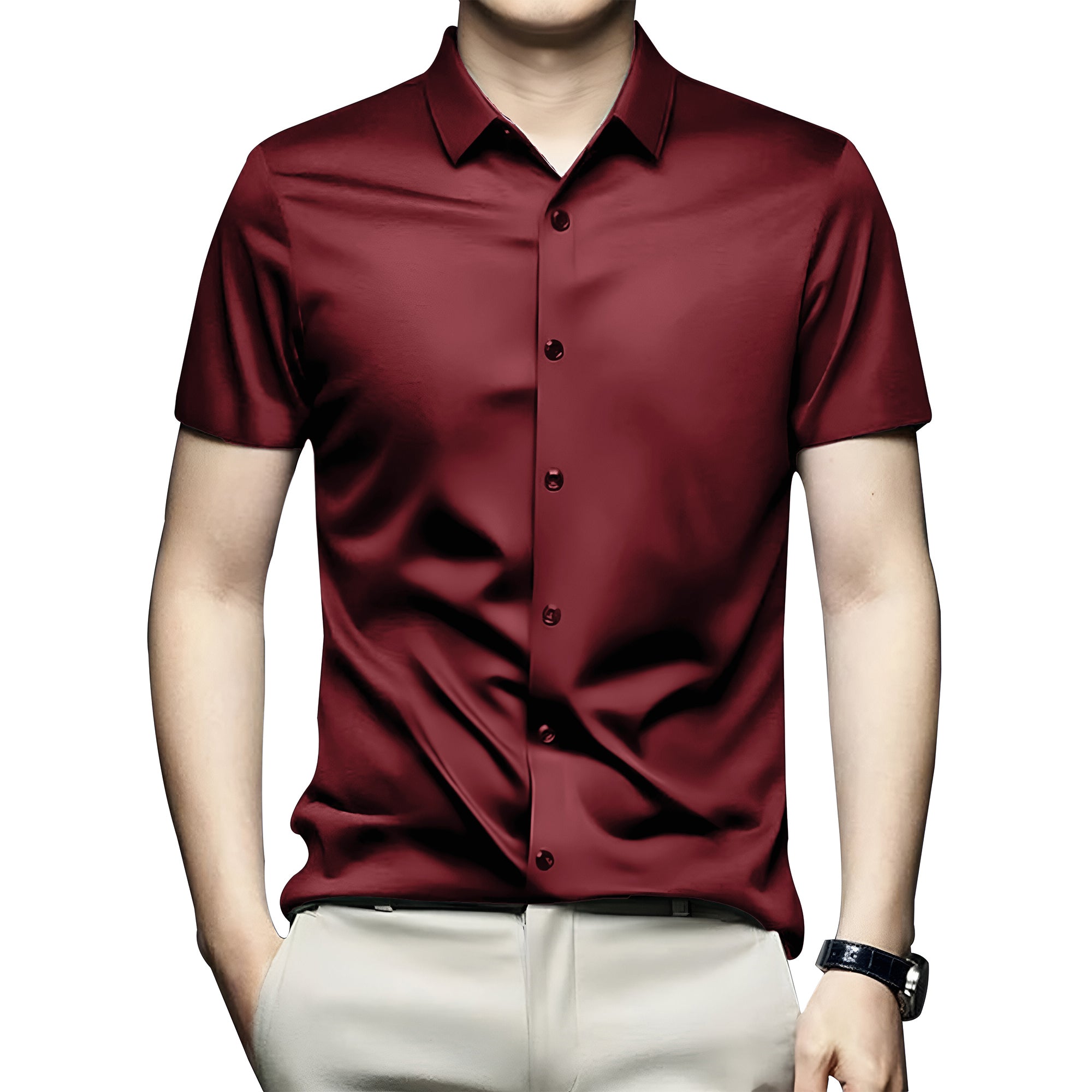 Men’s Satin Half Sleeve Formal Shirt – Premium Soft & Shiny Finish-Maroon
