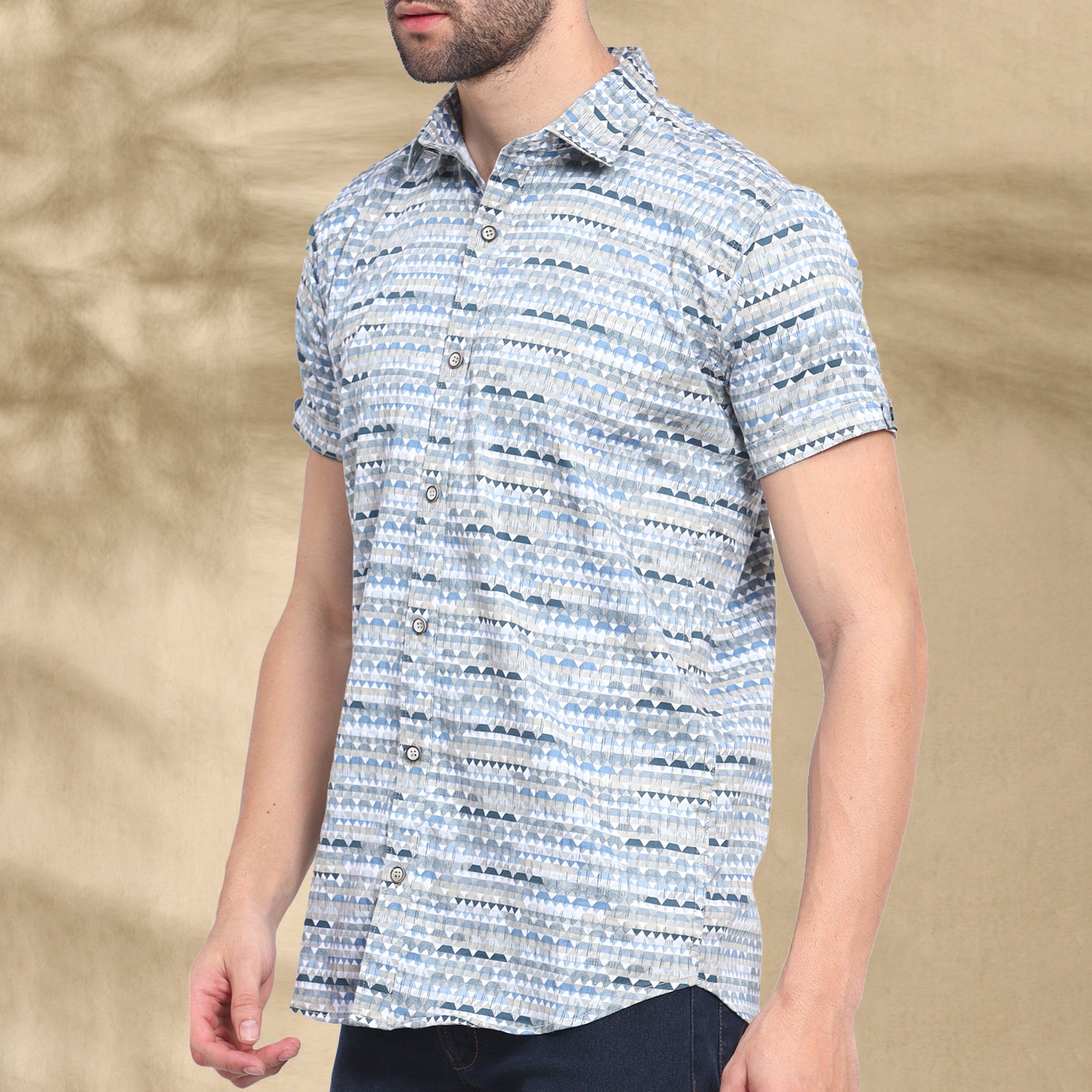 LIGHT BLUE HALF CASUAL PRINTED COTTON SHIRT REGULAR FIT FOR MEN