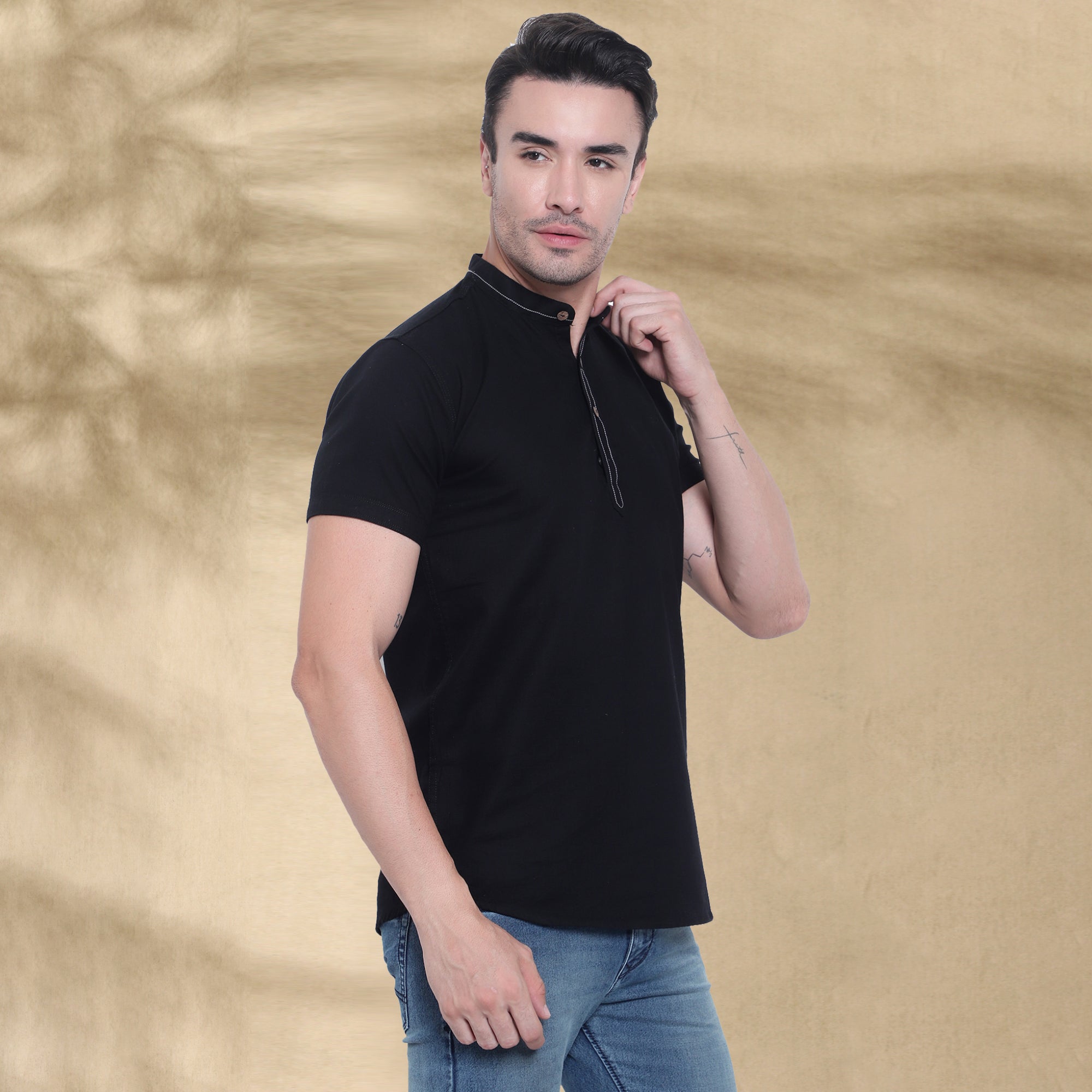 Men’s Half Sleeve Short Kurta – Casual & Ethnic Fusion Wear-Black