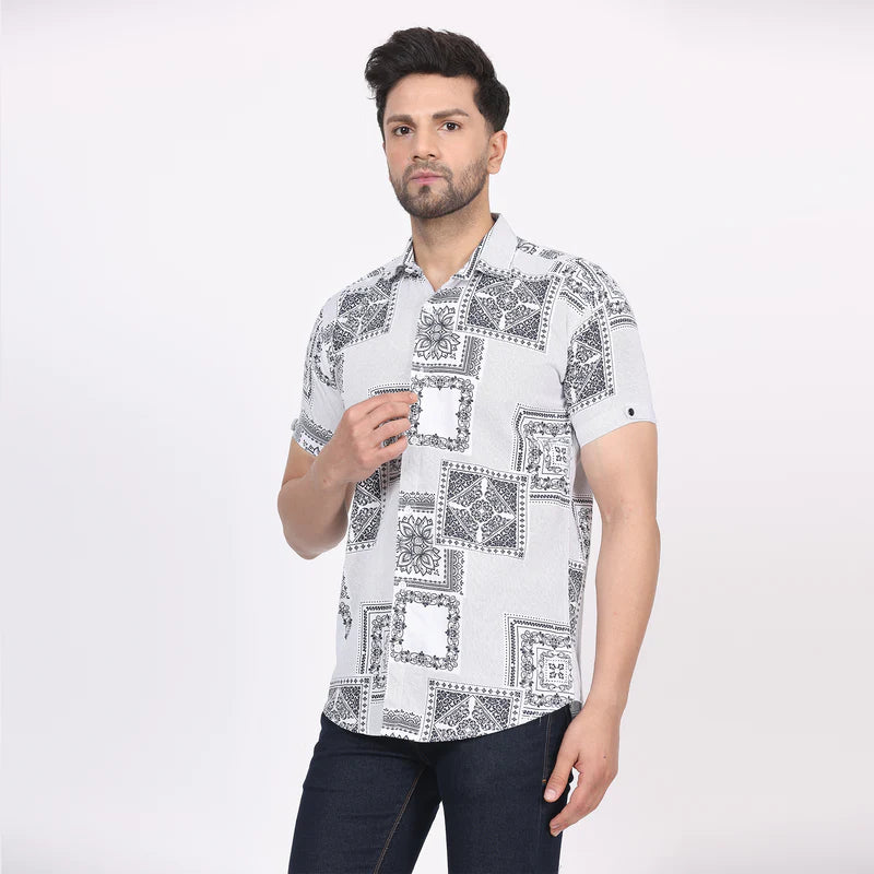 Men's Regular Fit Half Sleeve Printed Shirt-White