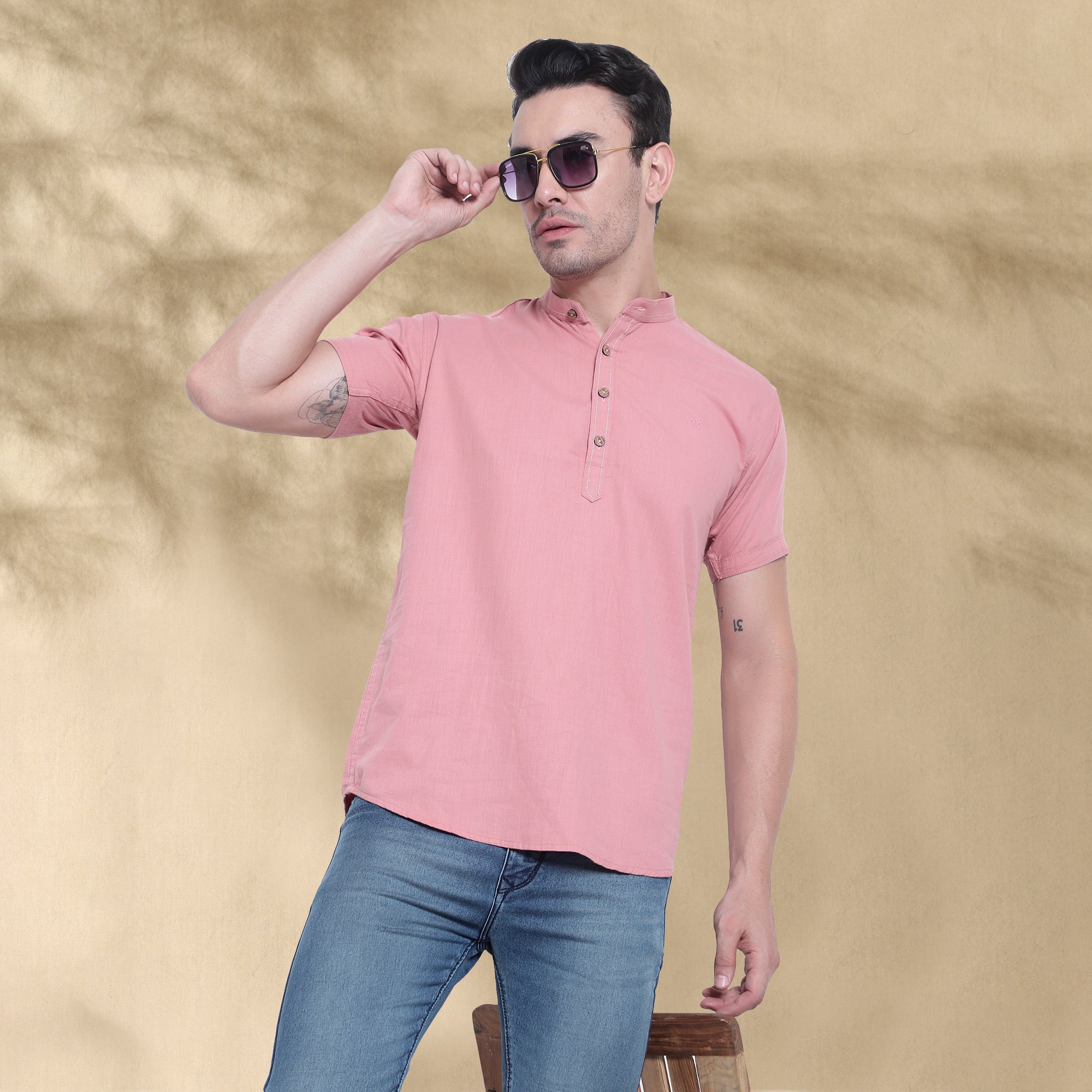 Men’s Half Sleeve Short Kurta – Casual & Ethnic Fusion Wear-Pink