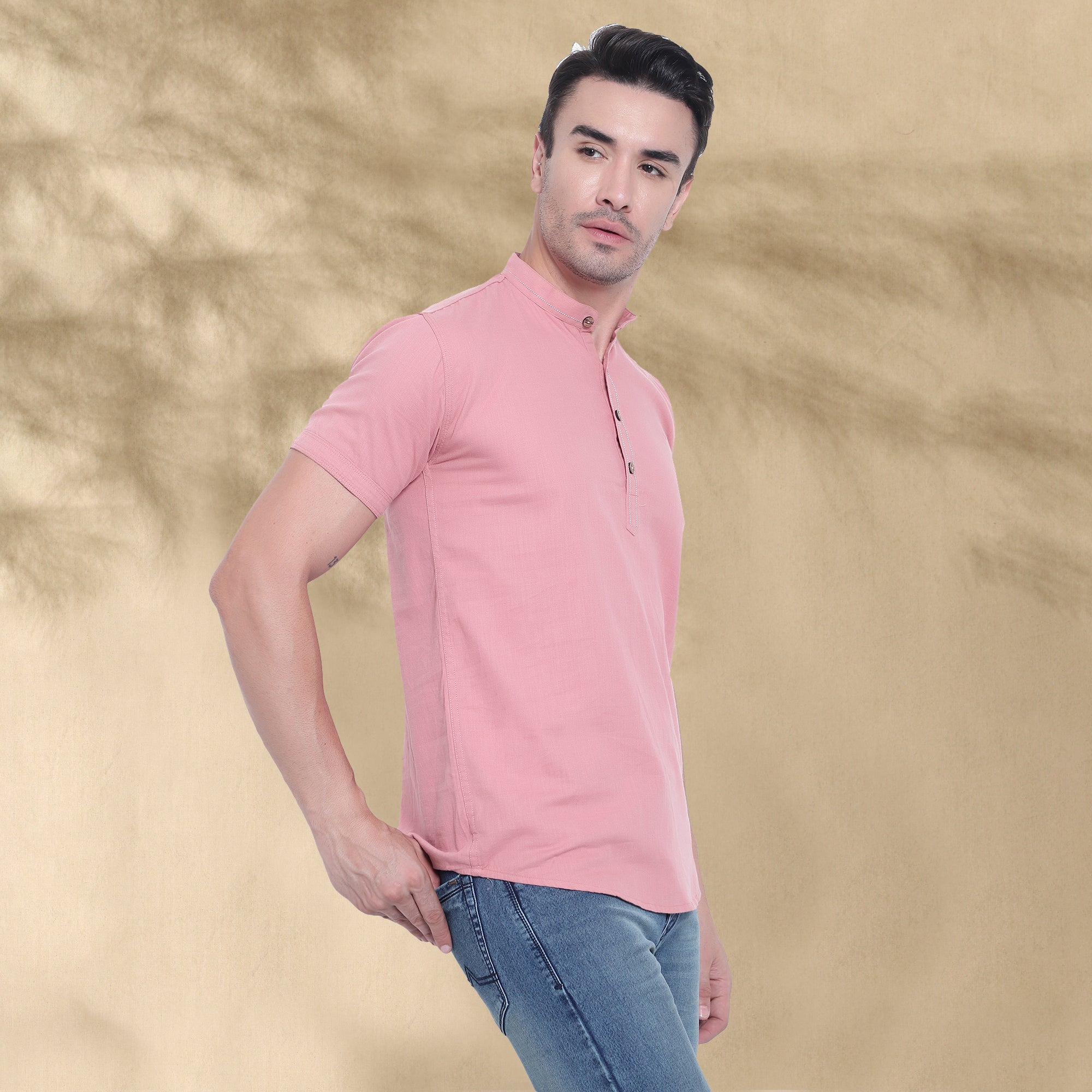 Men’s Half Sleeve Short Kurta – Casual & Ethnic Fusion Wear-Pink