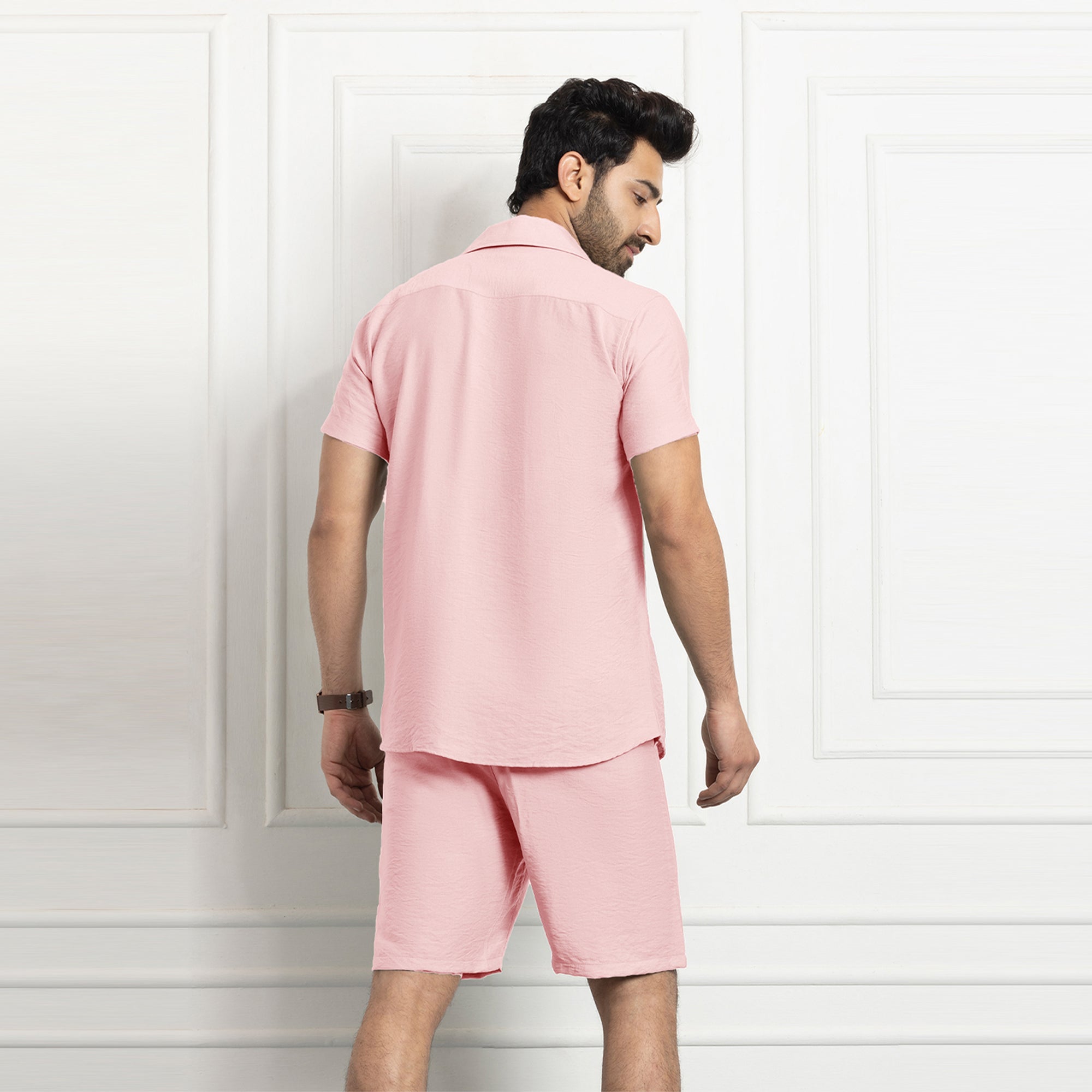 Men's Linen Shirt & Short Co-ords Set- Pink