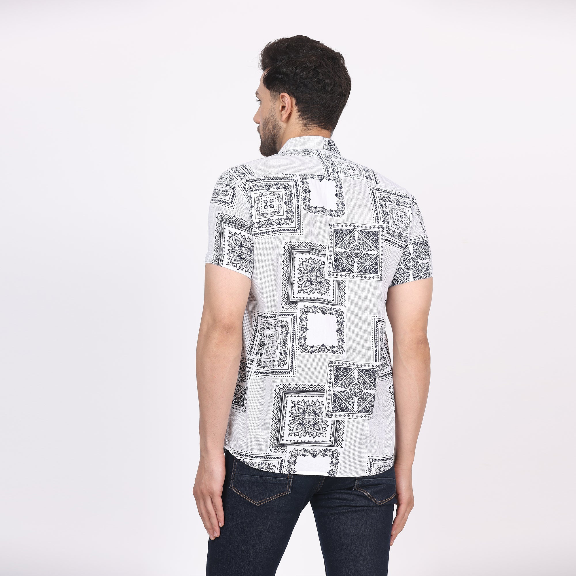 Men's Regular Fit Half Sleeve Printed Shirt-White