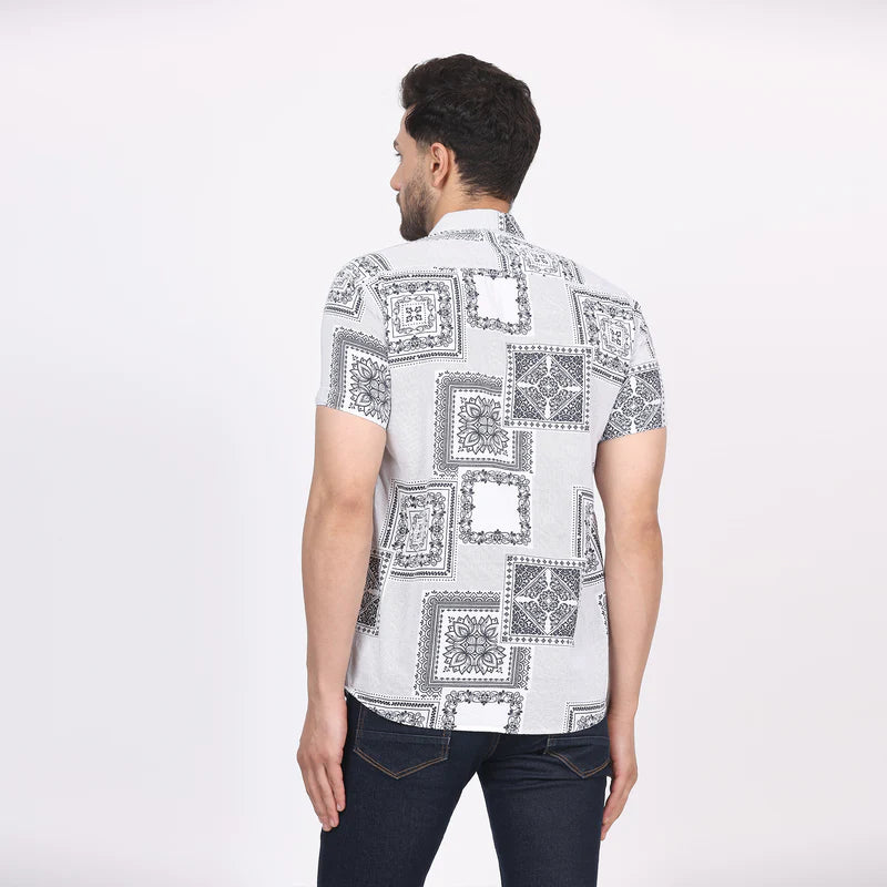 Men's Regular Fit Half Sleeve Printed Shirt-White