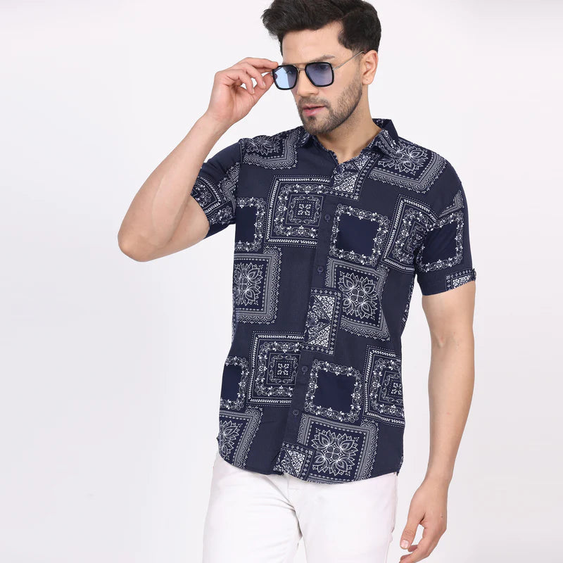 Men's Regular Fit Half Sleeve Printed Shirt-Navy Blue
