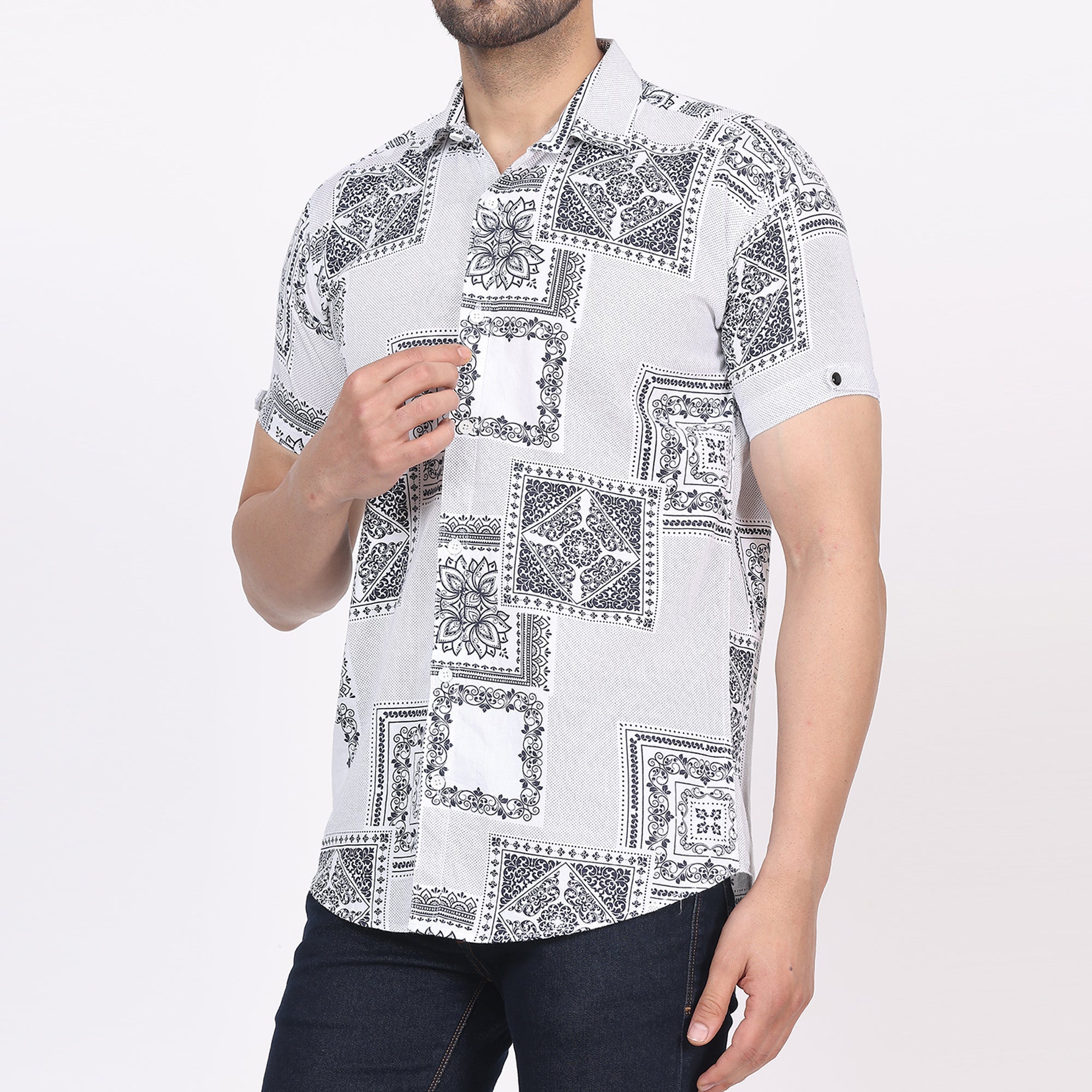 Men's Regular Fit Half Sleeve Printed Shirt-White
