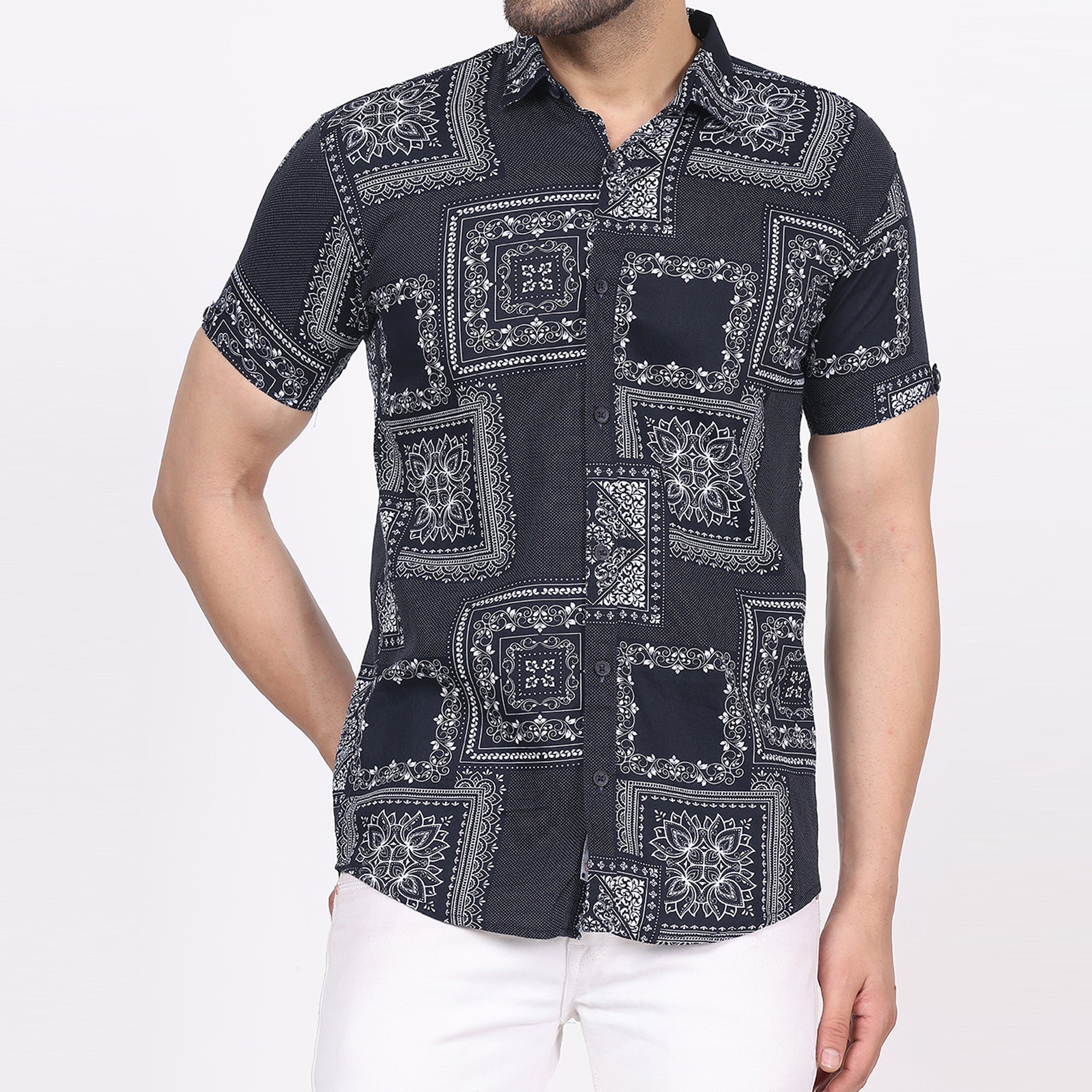Men's Regular Fit Half Sleeve Printed Shirt-Black