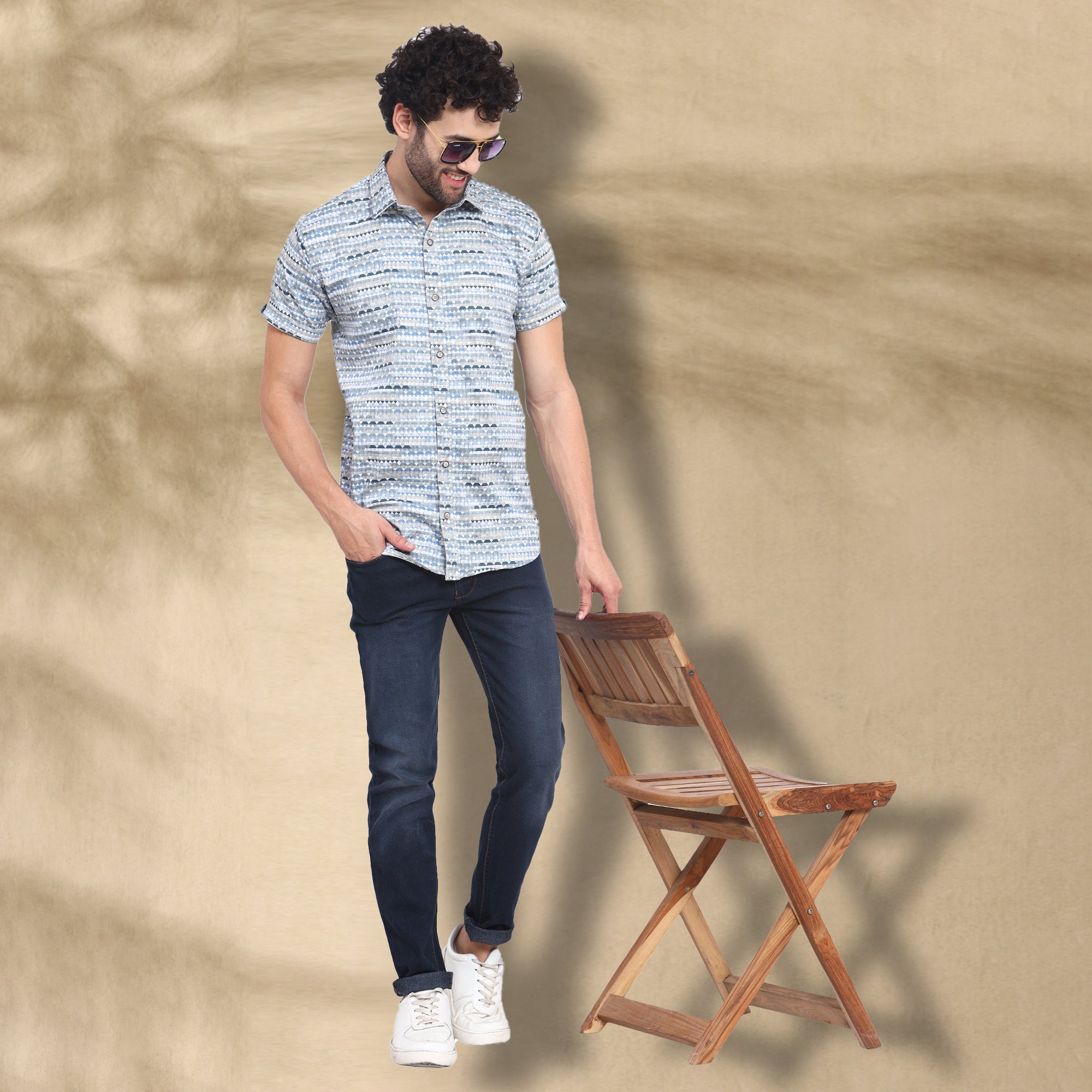 LIGHT BLUE HALF CASUAL PRINTED COTTON SHIRT REGULAR FIT FOR MEN