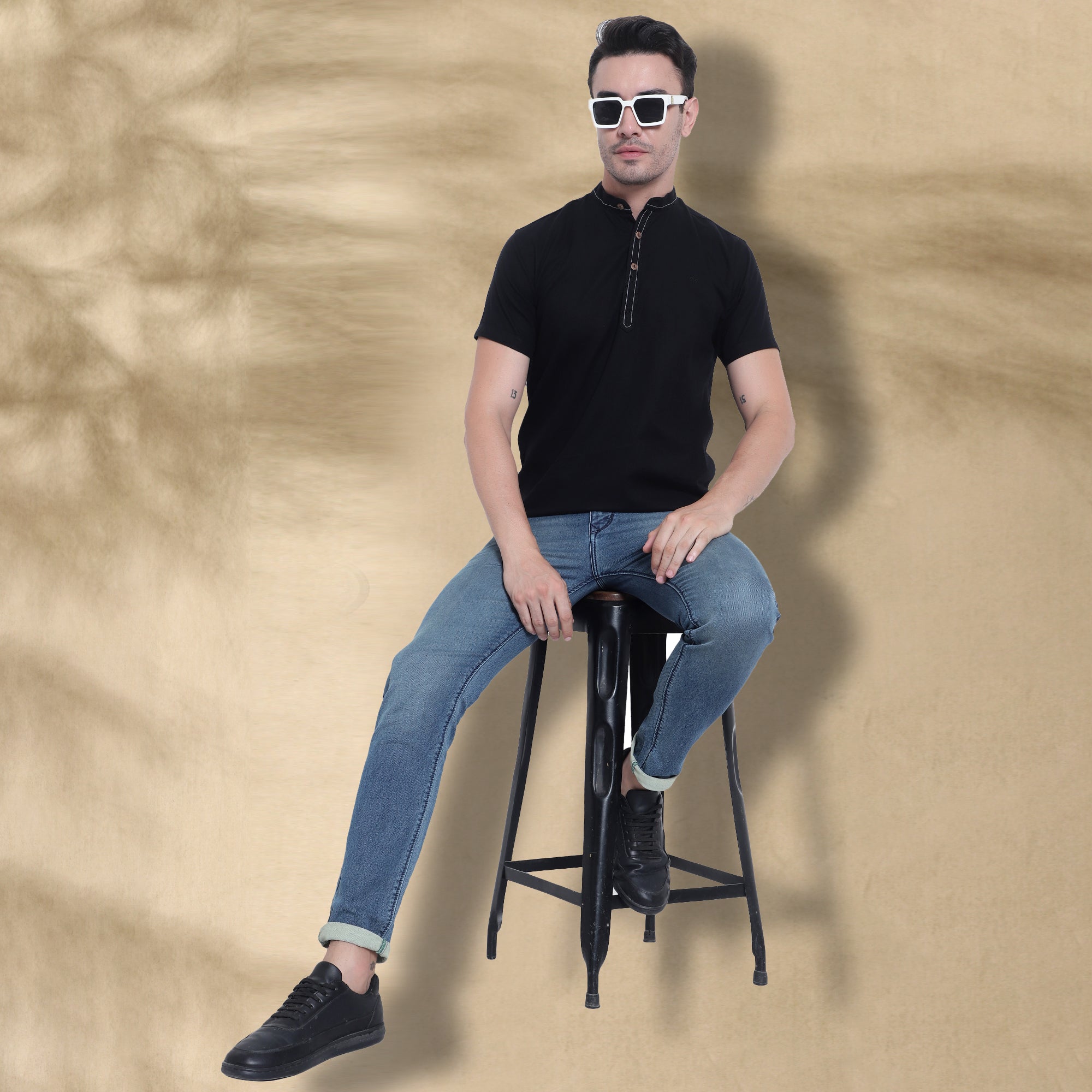 Men’s Half Sleeve Short Kurta – Casual & Ethnic Fusion Wear-Black