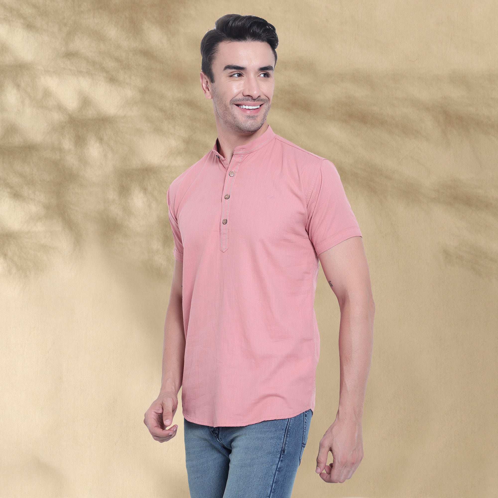 Men’s Half Sleeve Short Kurta – Casual & Ethnic Fusion Wear-Pink