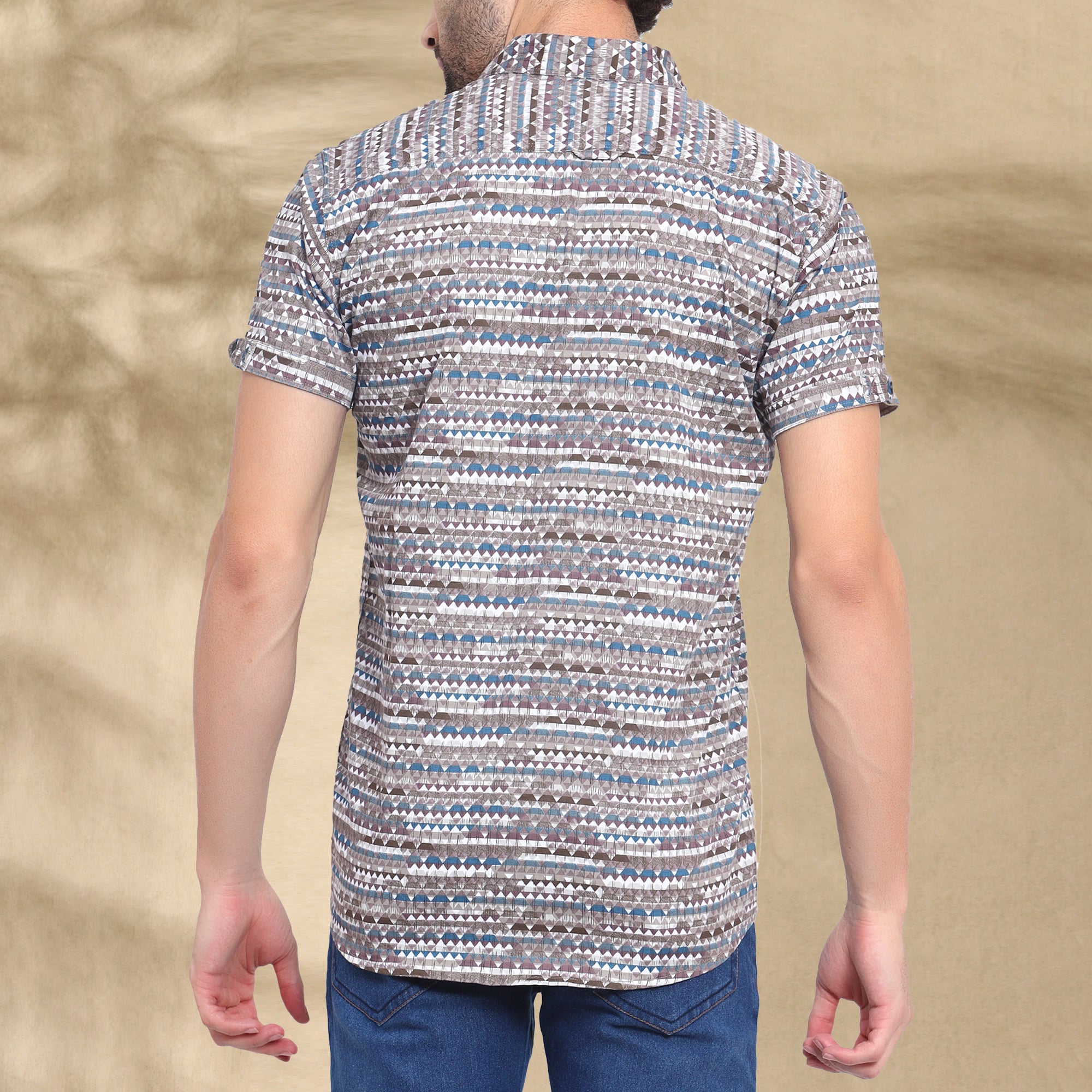 BROWN HALF CASUAL PRINTED COTTON SHIRT REGULAR FIT FOR MEN