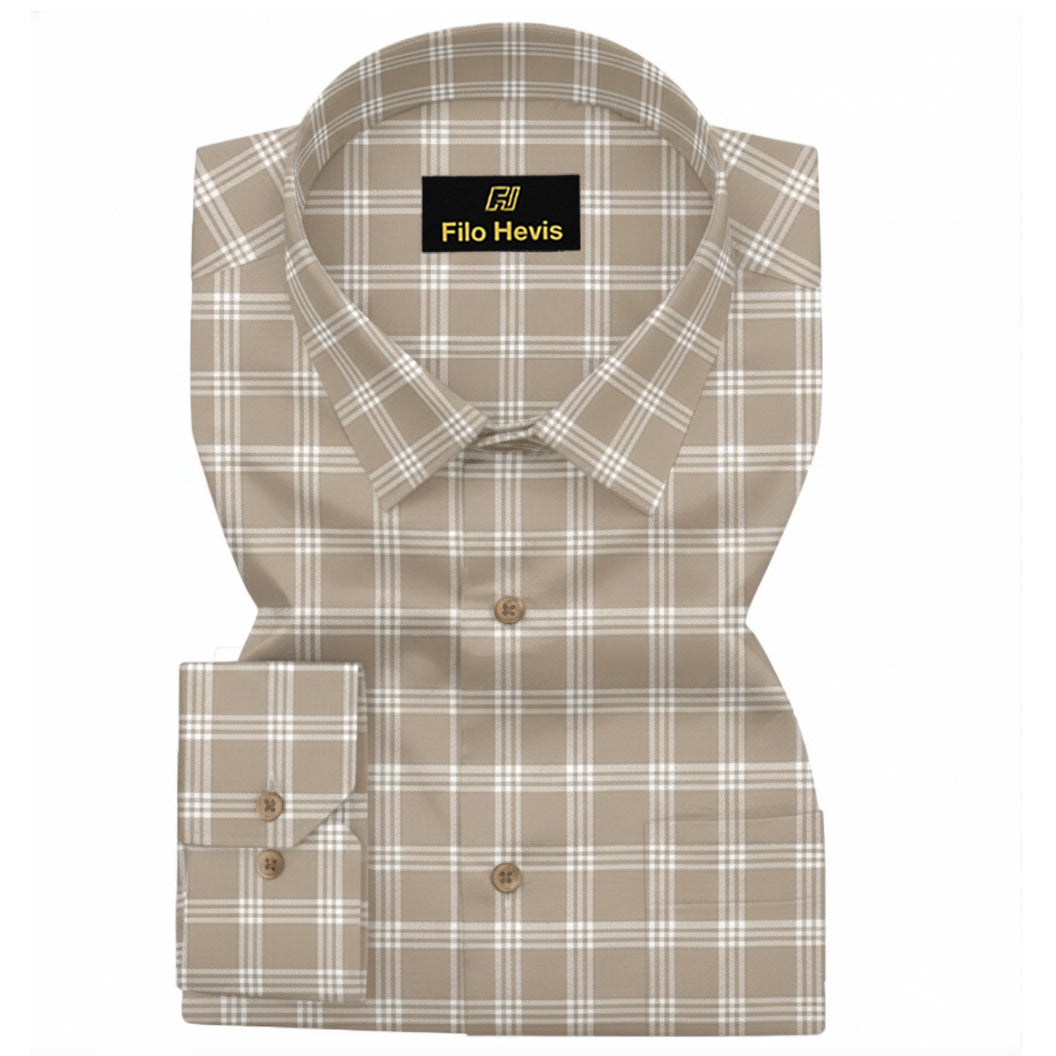 FORMAL COTTON CHECK SHIRTS FOR MEN - Light Brown Plaid (Long Sleeve)