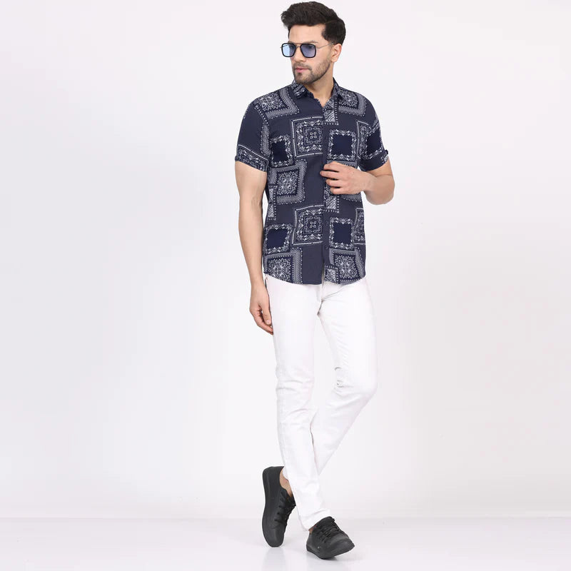 Men's Regular Fit Half Sleeve Printed Shirt-Navy Blue