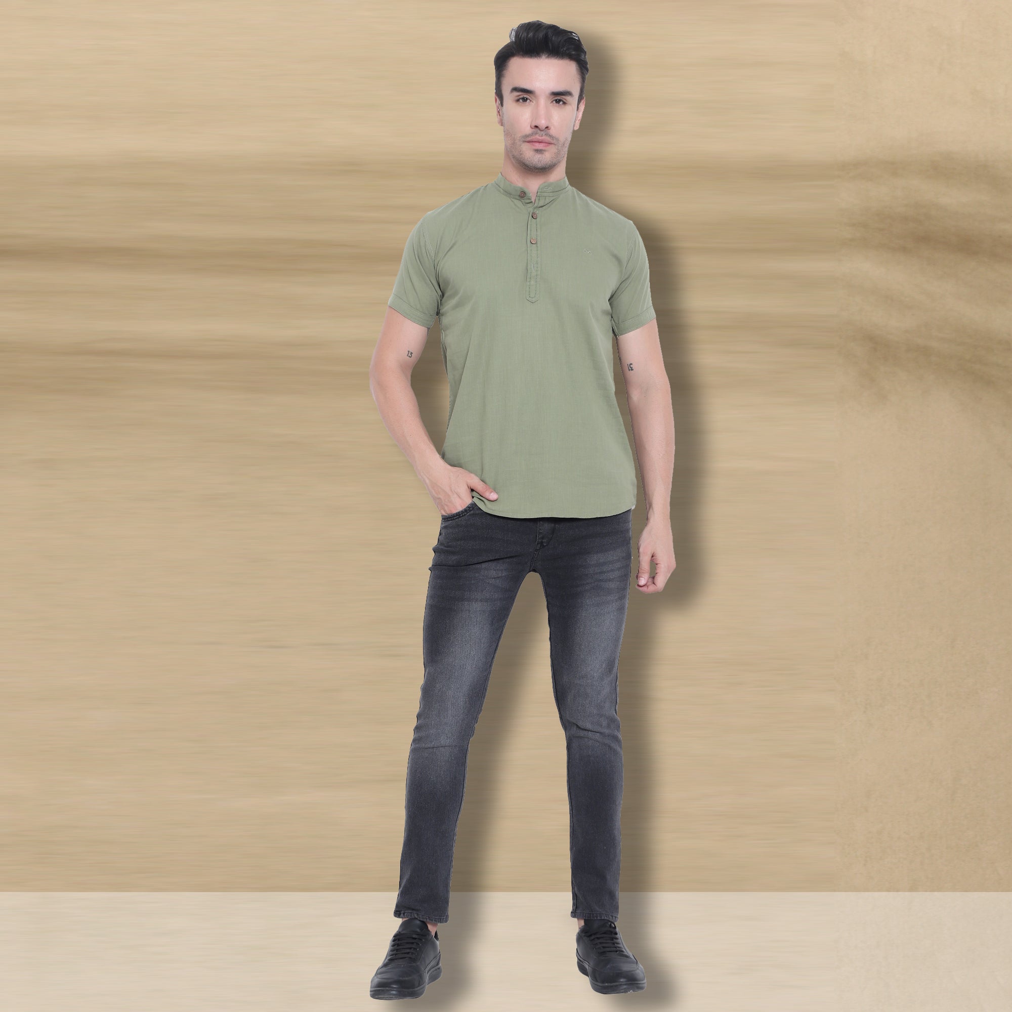 Men’s Half Sleeve Short Kurta – Casual & Ethnic Fusion Wear-Green