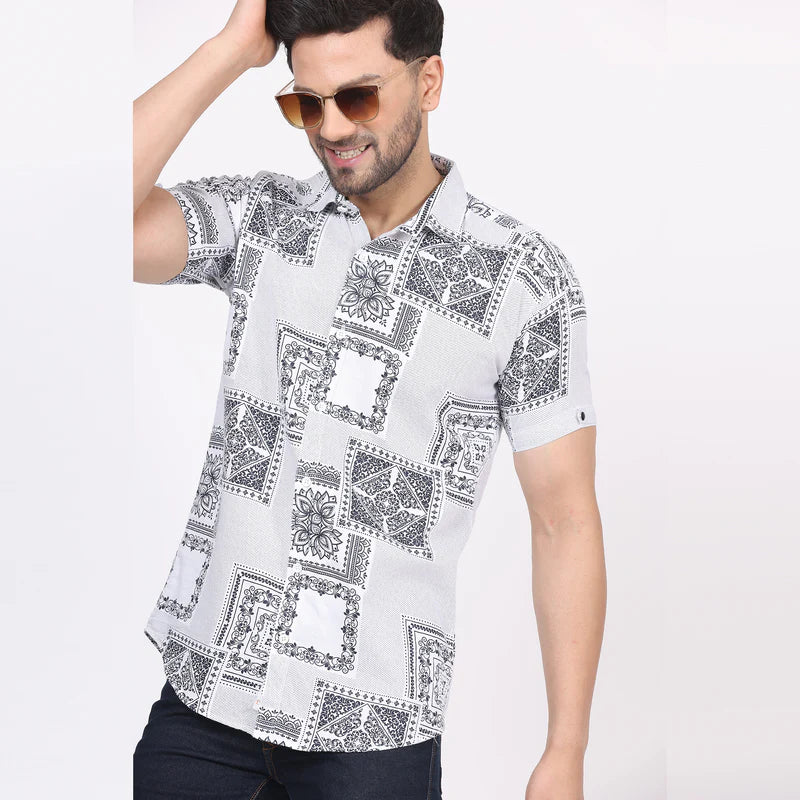 Men's Regular Fit Half Sleeve Printed Shirt-White