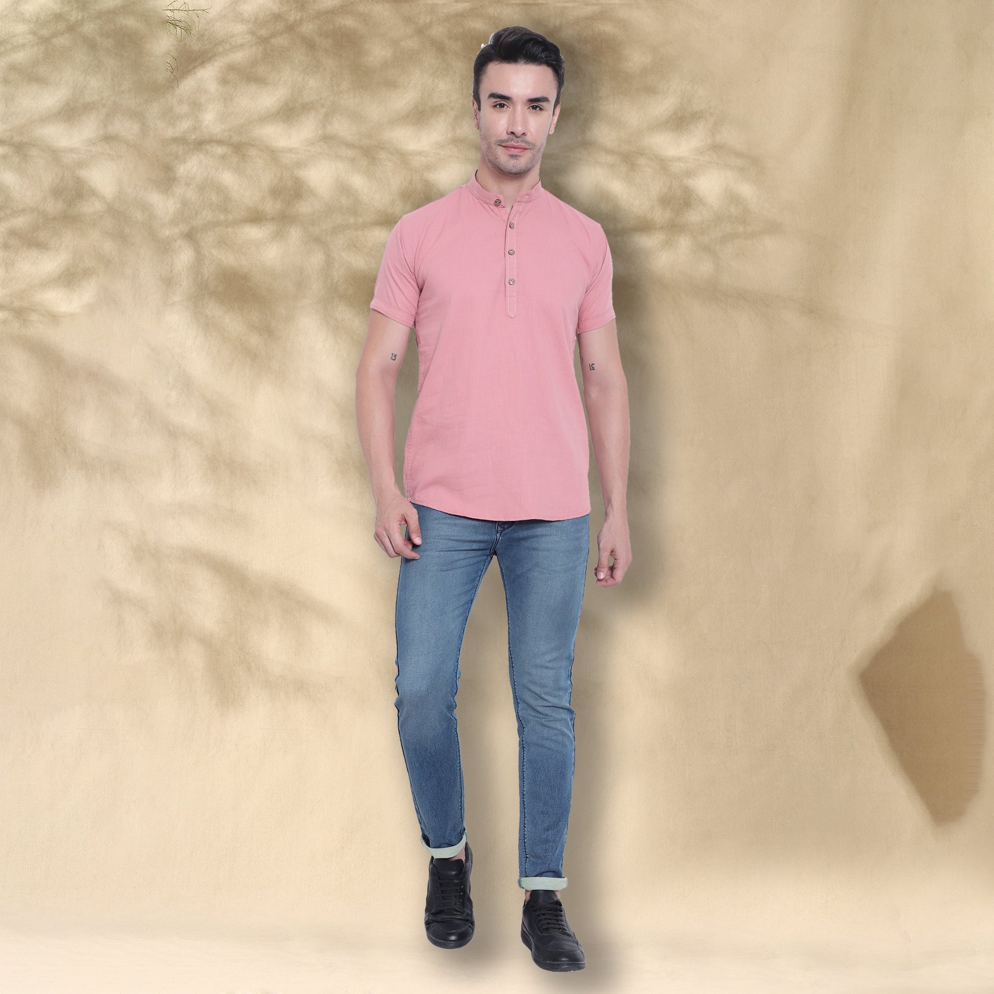 Men’s Half Sleeve Short Kurta – Casual & Ethnic Fusion Wear-Pink