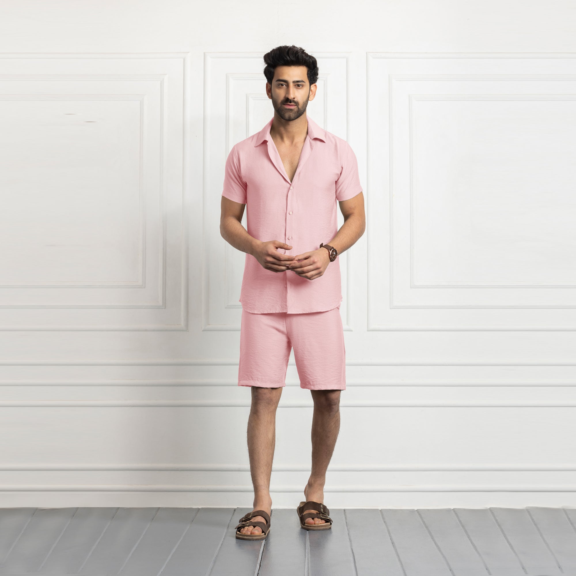 Men's Linen Shirt & Short Co-ords Set- Pink