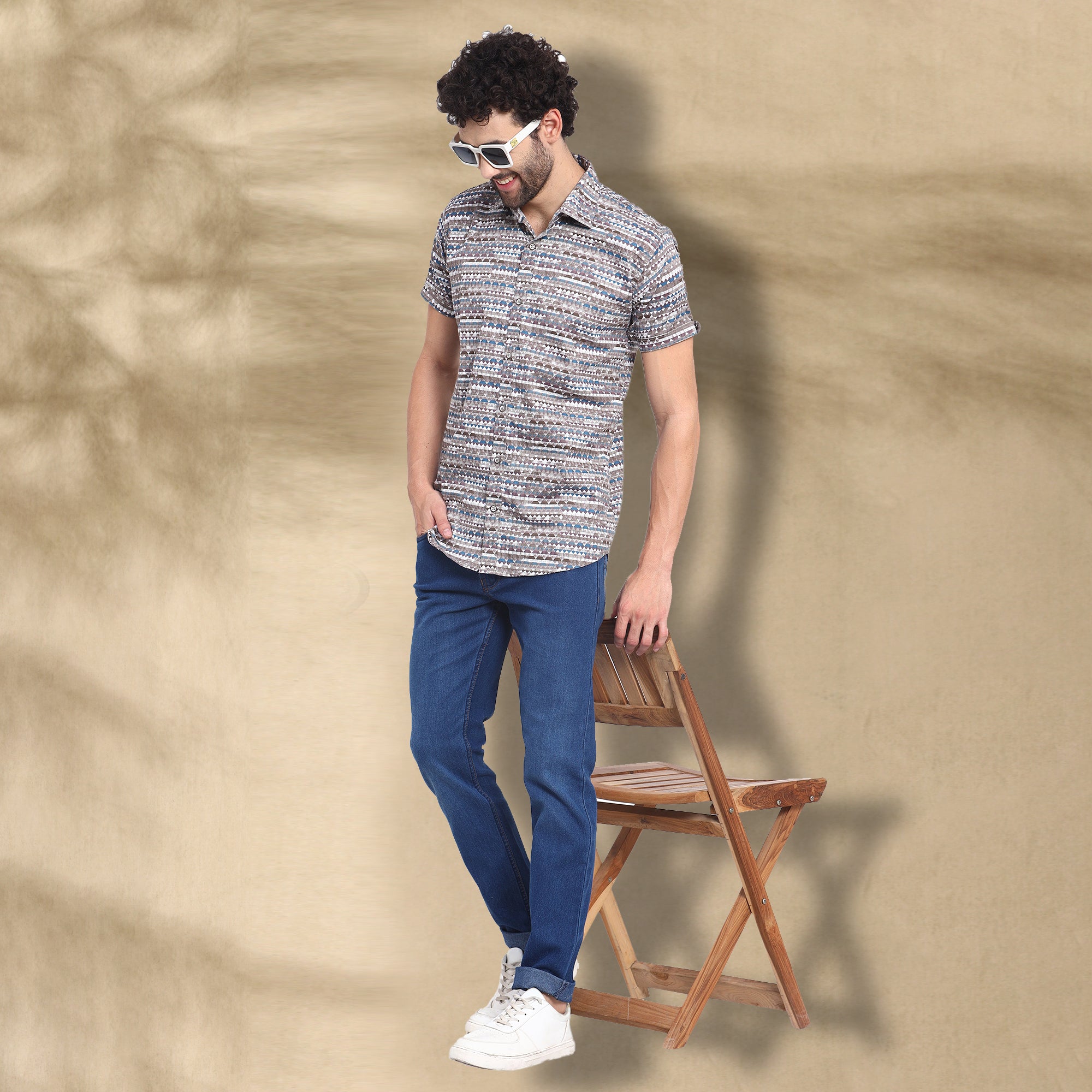 BROWN HALF CASUAL PRINTED COTTON SHIRT REGULAR FIT FOR MEN