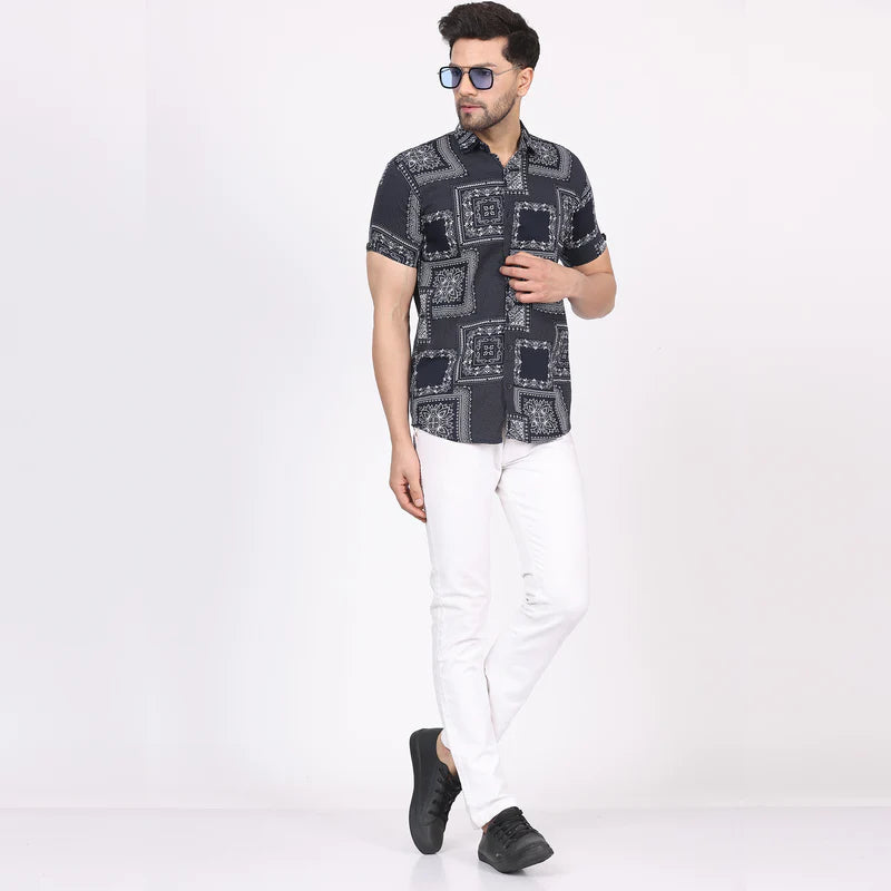 Men's Regular Fit Half Sleeve Printed Shirt-Black