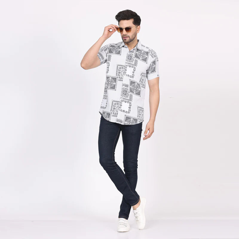Men's Regular Fit Half Sleeve Printed Shirt-White