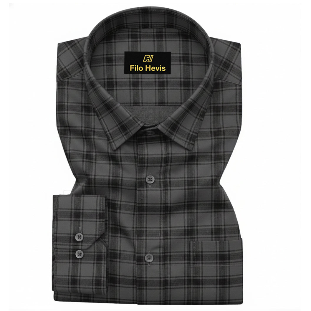 FORMAL COTTON CHECK SHIRTS FOR MEN - Dark Grey Plaid (Long Sleeve)