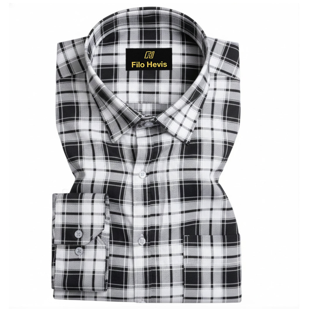 FORMAL COTTON CHECK SHIRTS FOR MEN - Black & White Plaid (Long Sleeve)