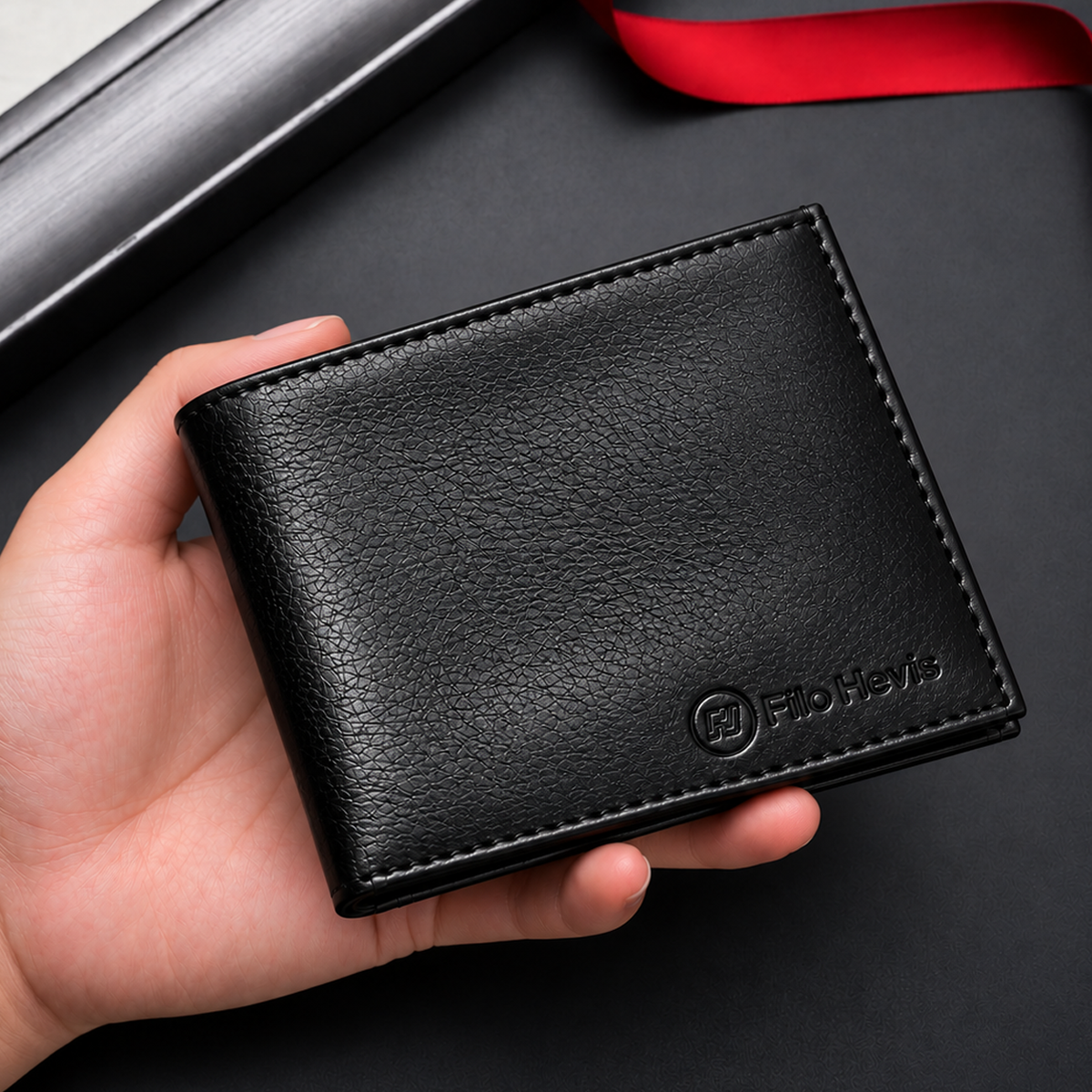 Black Leather Bifold Wallet for Men