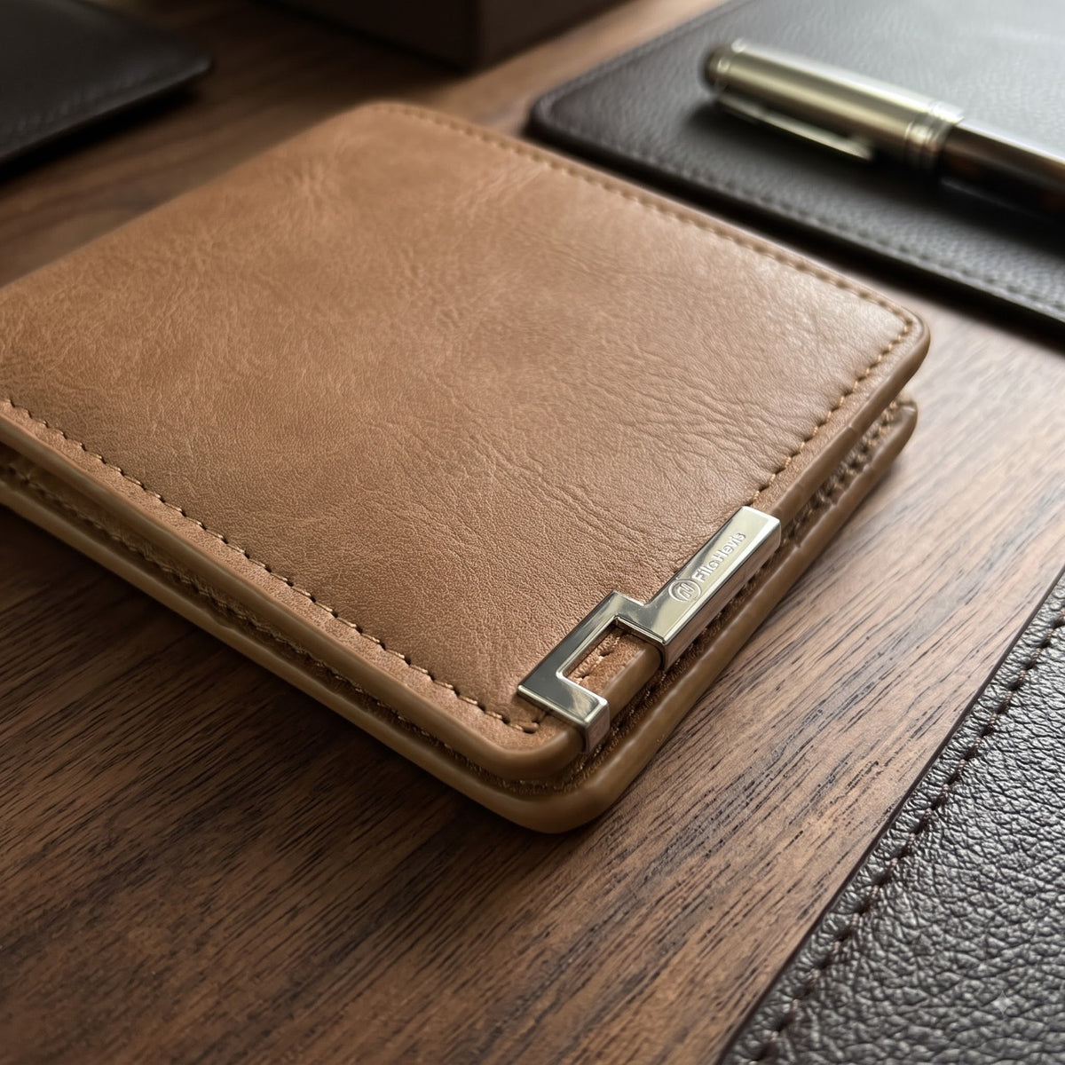 Tan Brown Men's Wallet with Multiple Card Slots & ID Window
