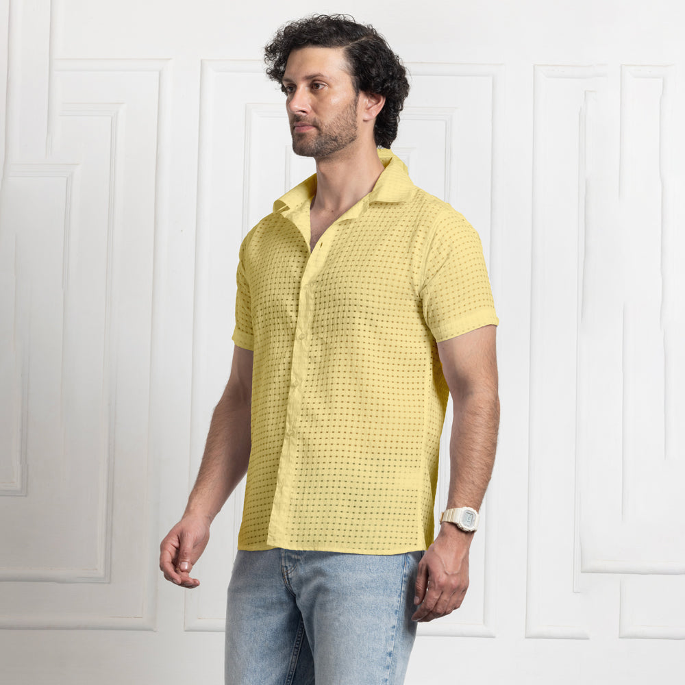 Men's Net Self Cuban Collar Casual Shirt Yellow