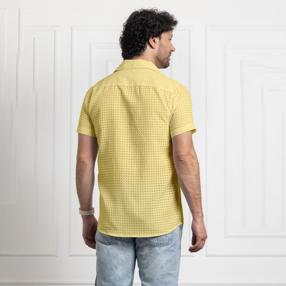 Men's Net Self Cuban Collar Casual Shirt Yellow