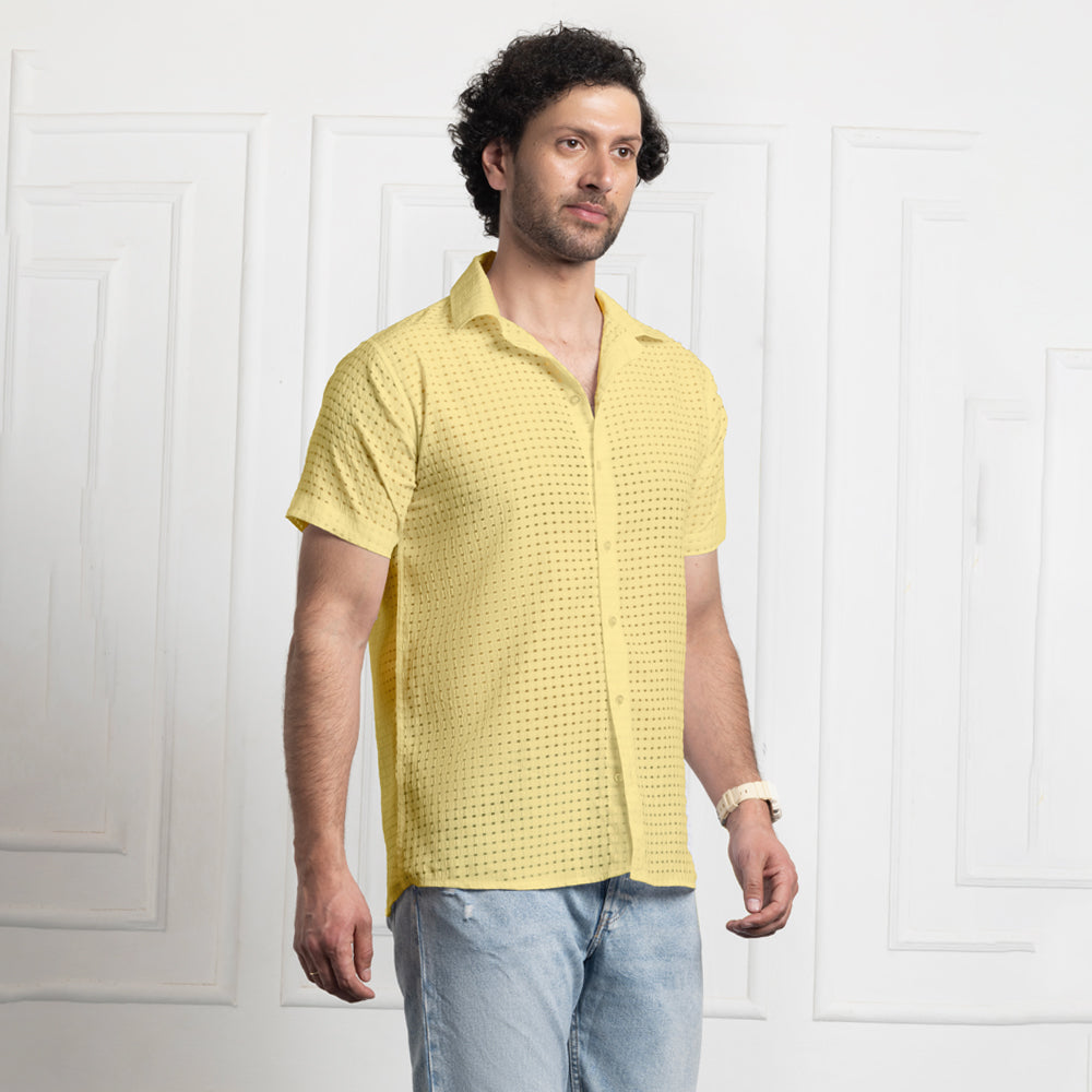 Men's Net Self Cuban Collar Casual Shirt Yellow