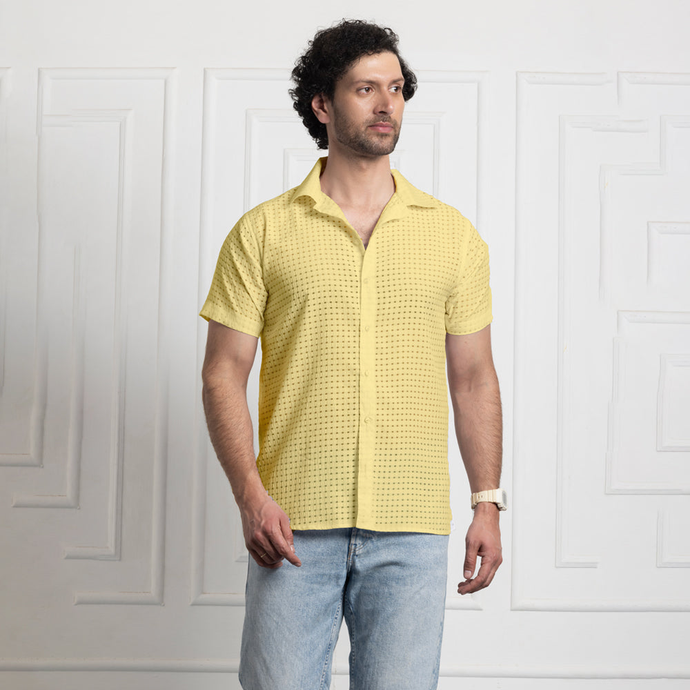 Men's Net Self Cuban Collar Casual Shirt Yellow