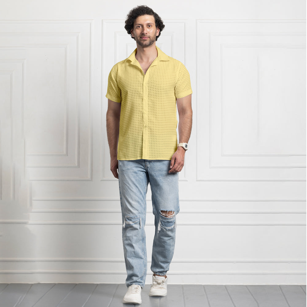 Men's Net Self Cuban Collar Casual Shirt Yellow
