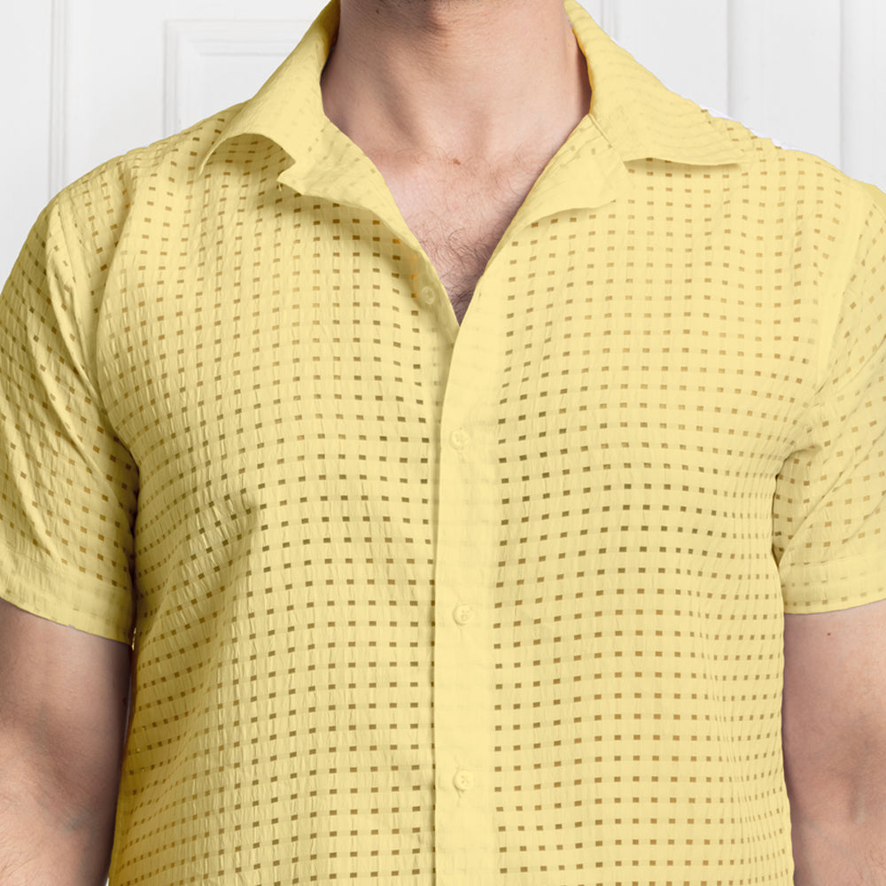 Men's Net Self Cuban Collar Casual Shirt Yellow