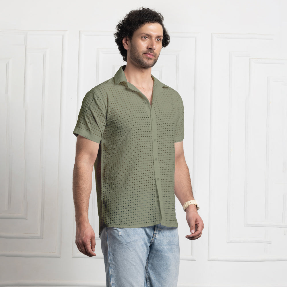Men's Net Self Cuban Collar Casual Shirt Olive Green