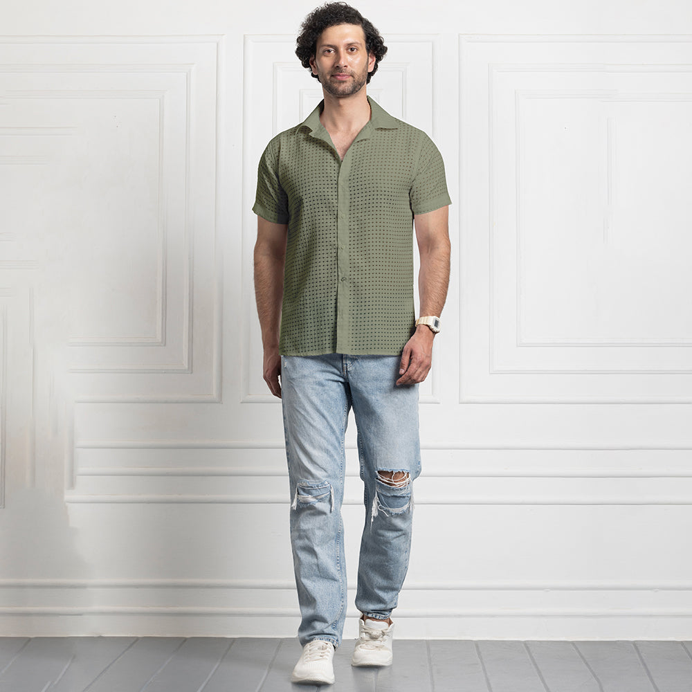 Men's Net Self Cuban Collar Casual Shirt Olive Green