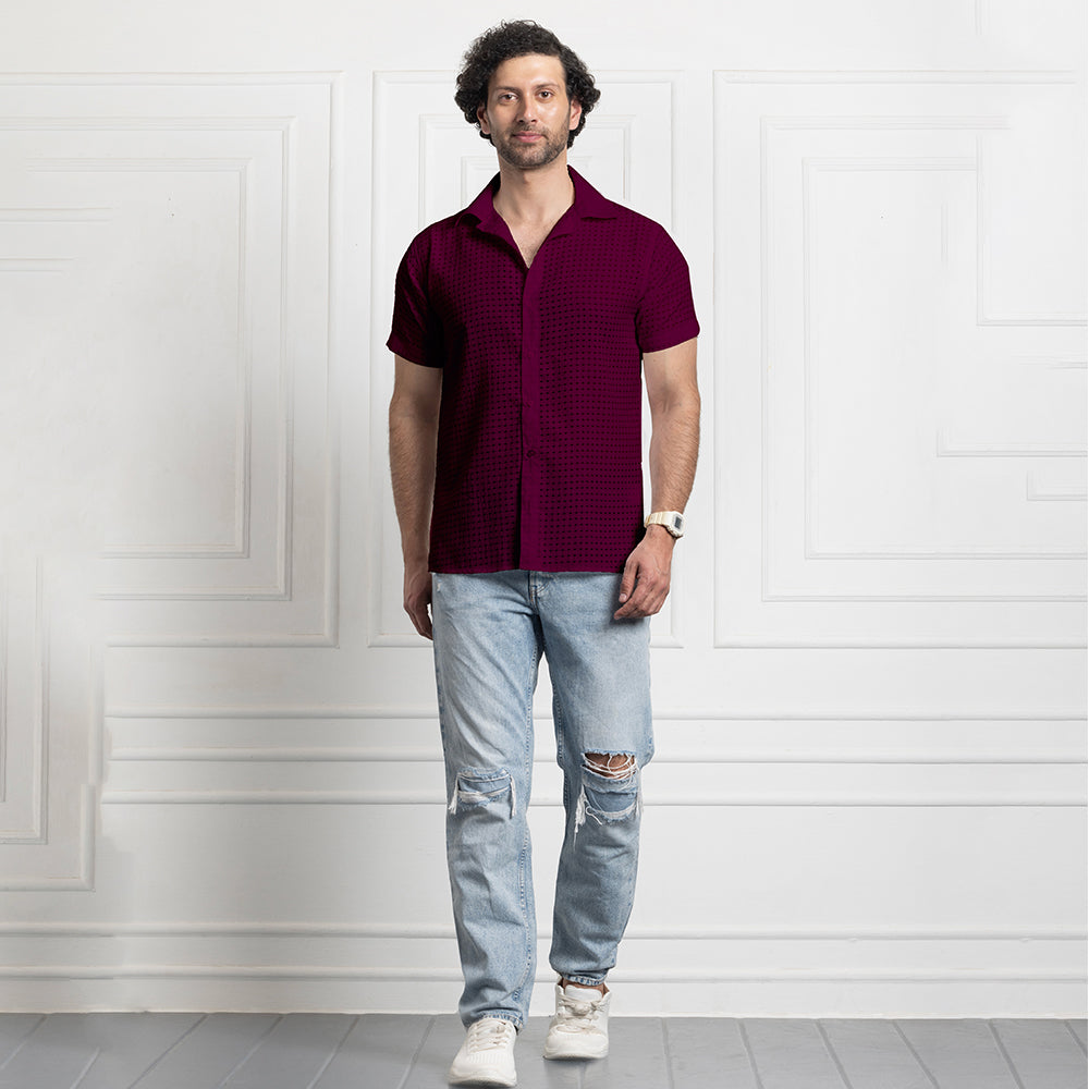 Men's Net Self Cuban Collar Casual Shirt Purple