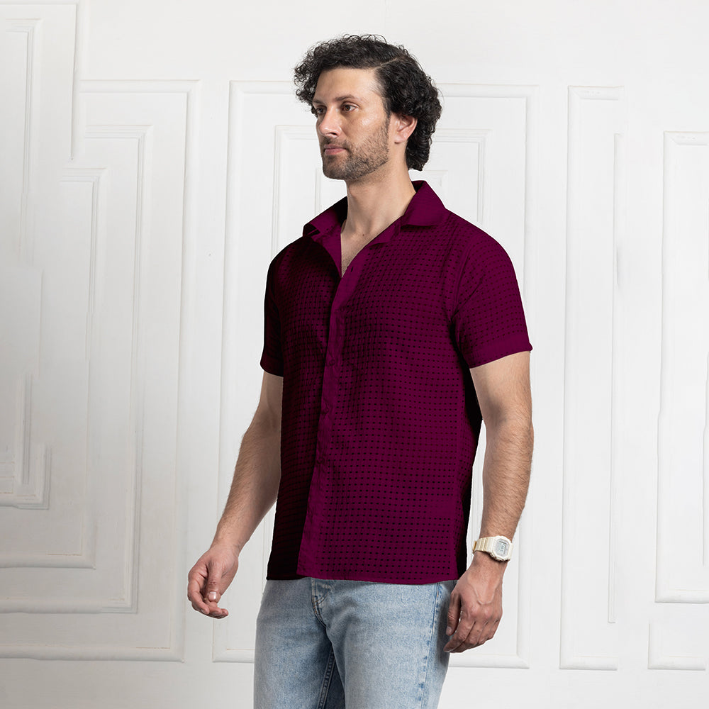 Men's Net Self Cuban Collar Casual Shirt Purple