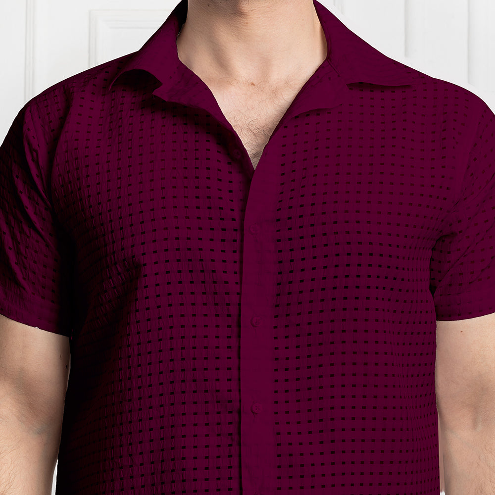 Men's Net Self Cuban Collar Casual Shirt Purple