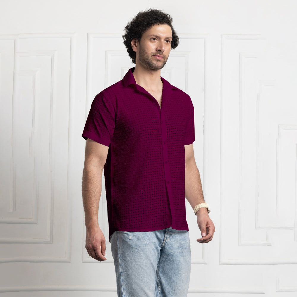 Men's Net Self Cuban Collar Casual Shirt Purple