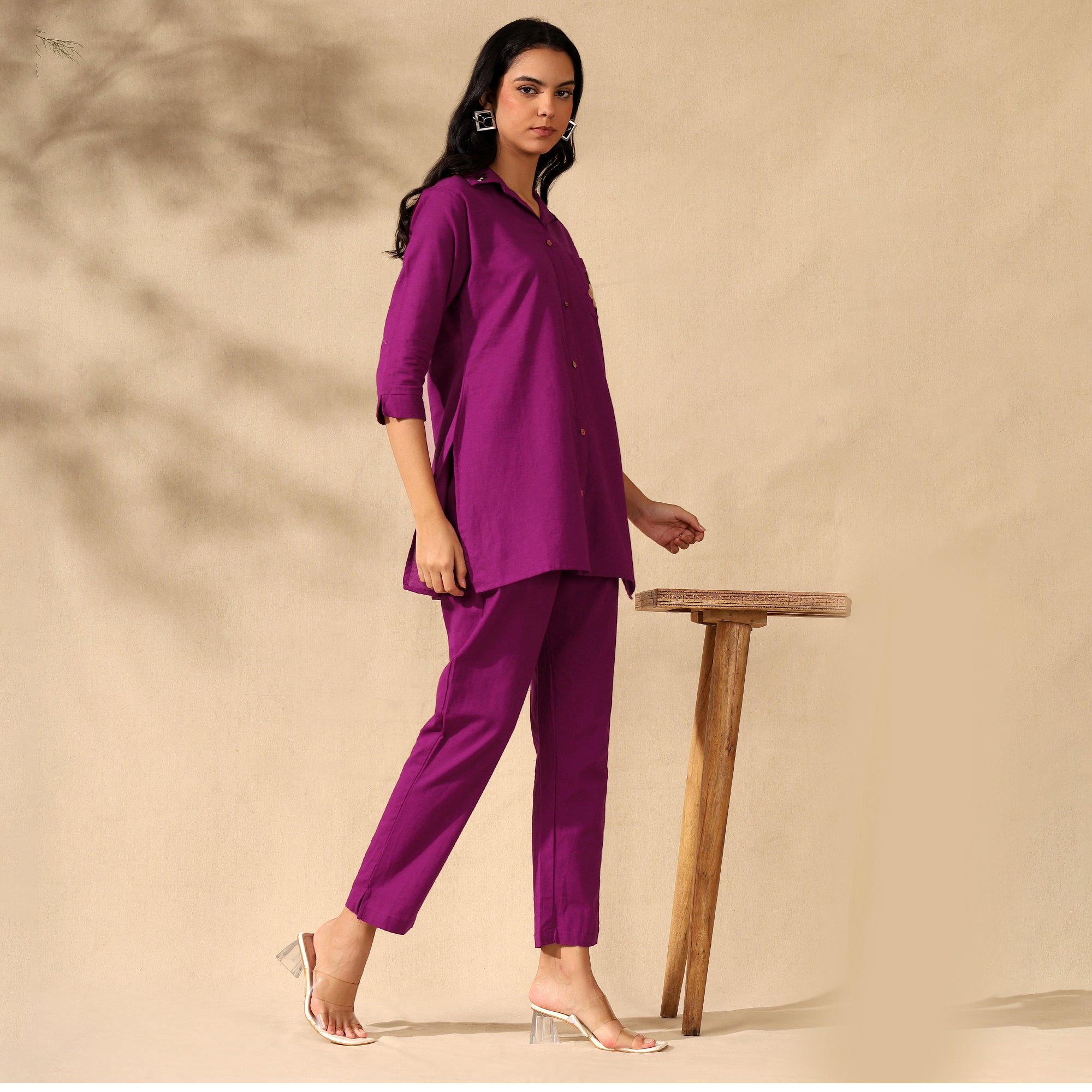 FLORAL EMBROIDERED COTTON CORD SET FOR WOMEN | SHIRT-PANT FUSION WEAR | MAGENTA