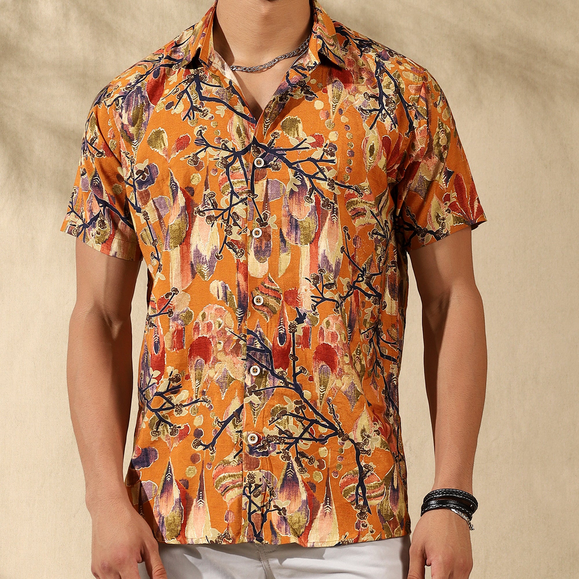 MUSTARD YELLOW HALF CASUAL PRINTED COTTON SHIRT REGULAR FIT FOR MEN